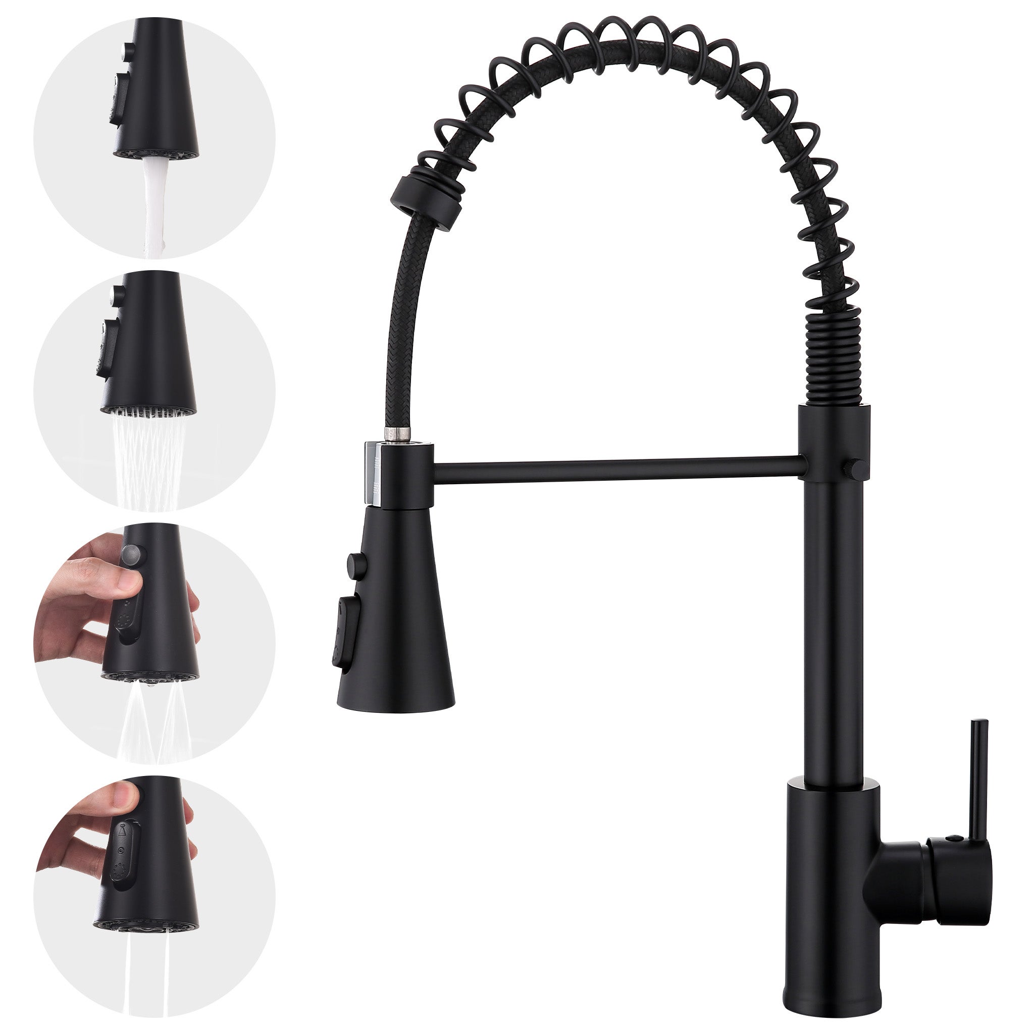 Czarna bateria kuchenna z główką prysznicową Sprężynowa bateria kuchenna Obracana o 360° bateria zlewozmywakowa 2 dysze