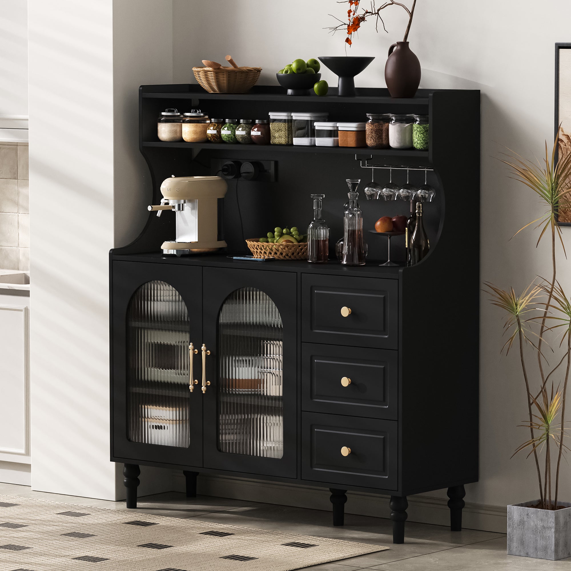 Kredens kuchenny z 2 szklanymi drzwiami, 3 szufladami i portem ładowania - 120 x 40 x 184 cm - Płyta MDF i płyta wiórowa - Regulowane półki - Czarny - 4