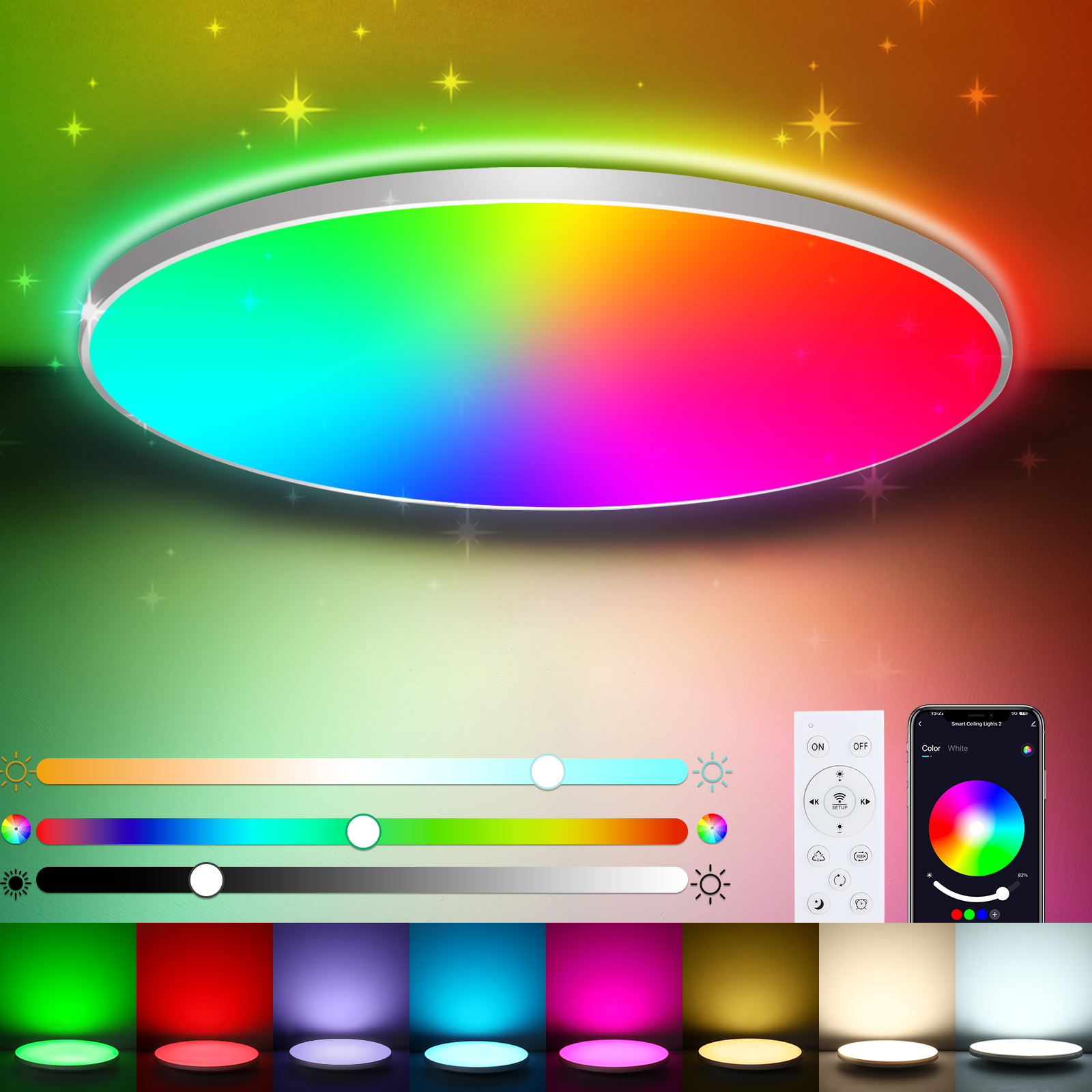 Nowoczesna lampa sufitowa LED RGB 24W, Tuya App Control/Cloud Assistant, biała Ø 30 cm, ściemnialna