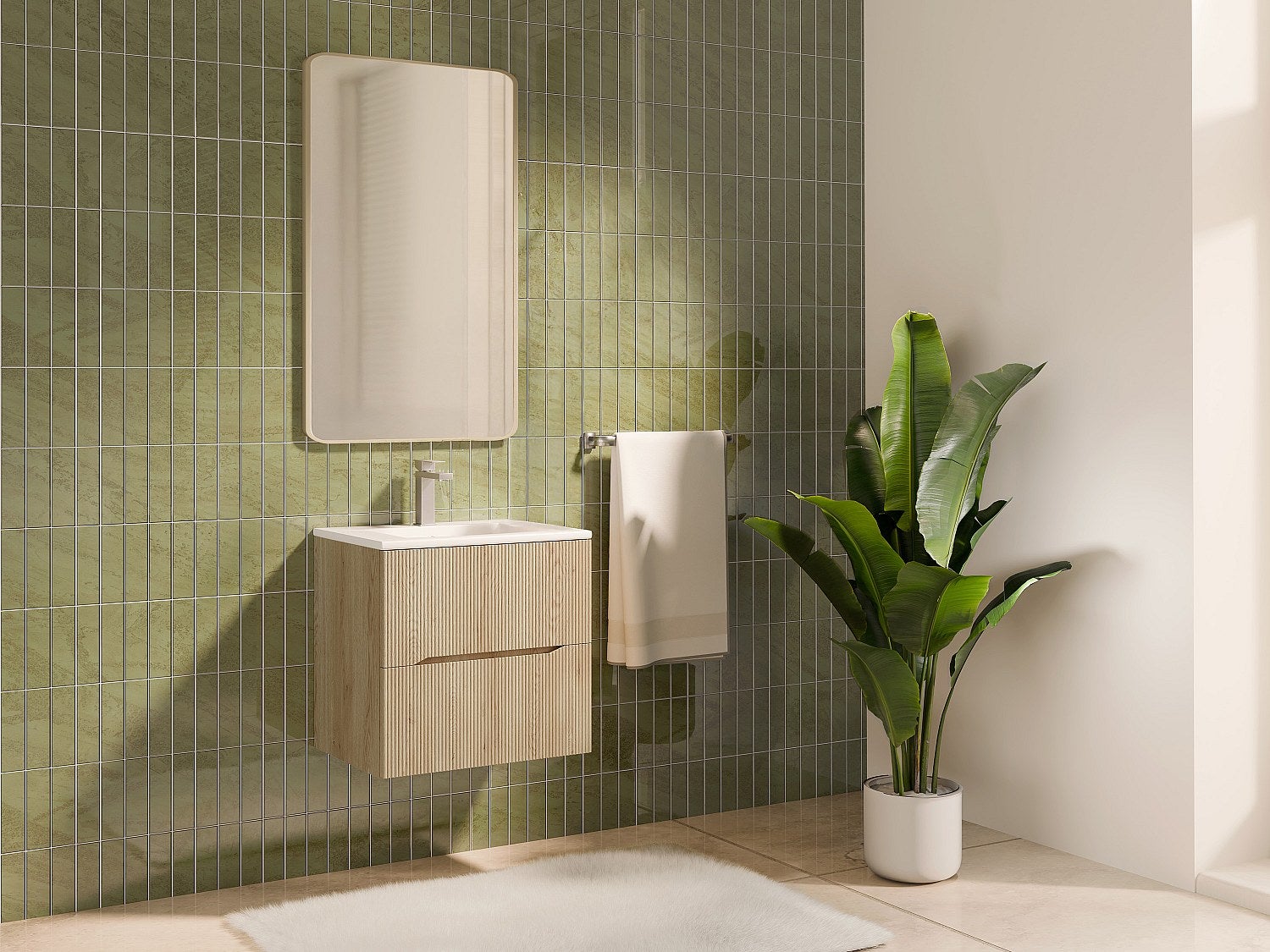 Podwieszana szafka pod umywalkę prążkowana - Jasny naturalny - Szer. 60 cm - ORISO