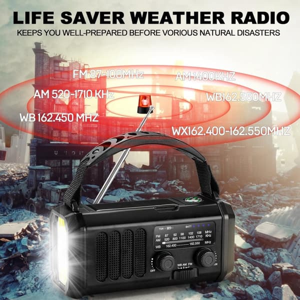 Radio de emergencia con linterna: radio de manivela con energía solar de 10 000 mAh, radio AM/FM/WB, alarma SOS, carga USB-C y brújula incorporada - 2