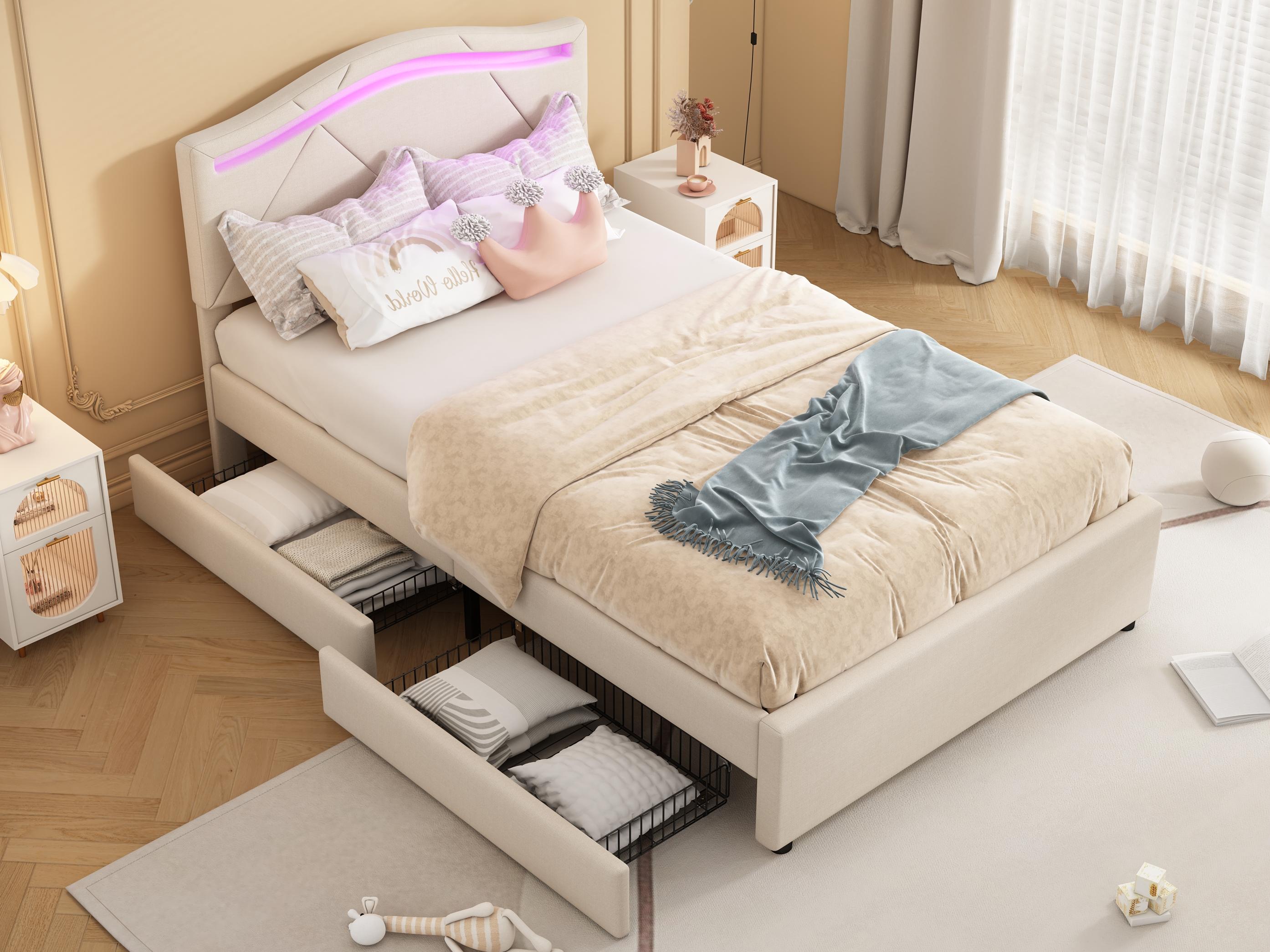 Łóżko dla dorosłych 90x200cm z tkaniny lnianej - z diodami LED i 2 szufladami - Beżowy