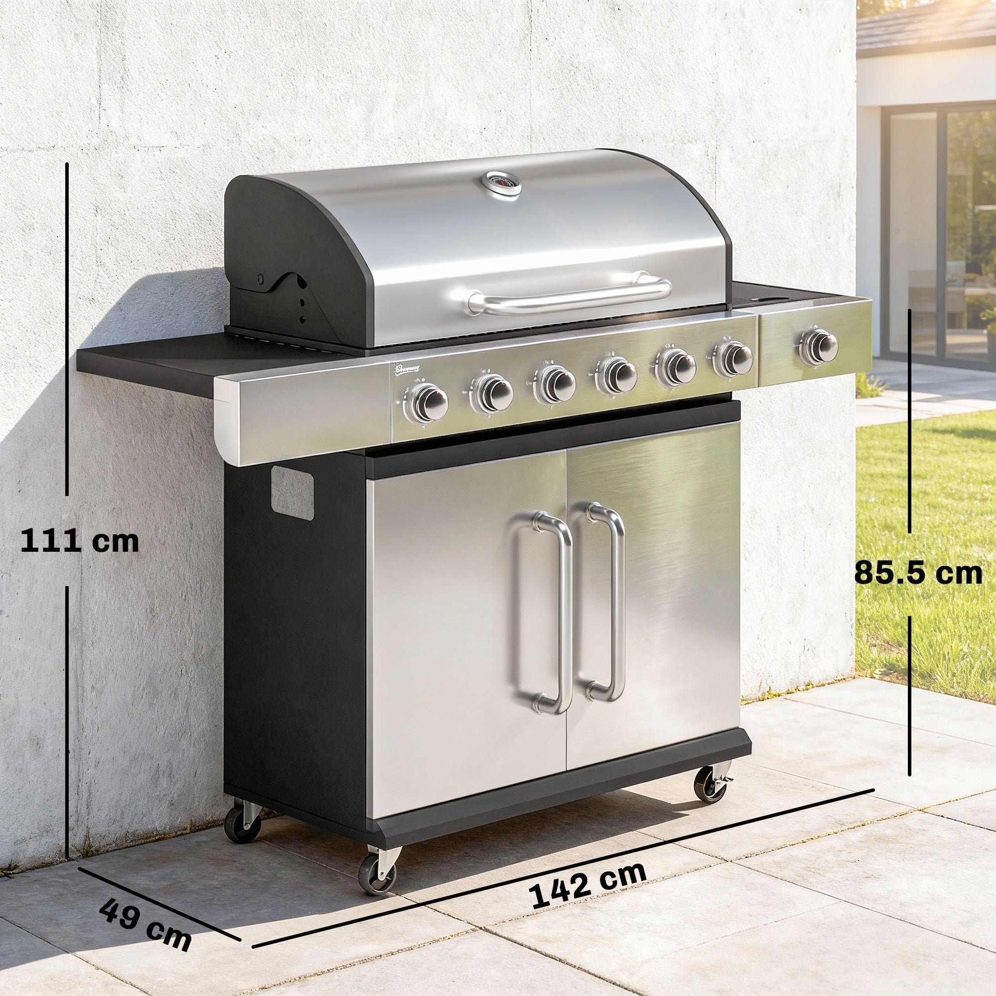 Outsunny Barbecue a Gas Propano a 6 Fuochi con Bruciatore Laterale, 63.000 BTU, Griglia in Acciaio Inox, Argento e Nero - 3