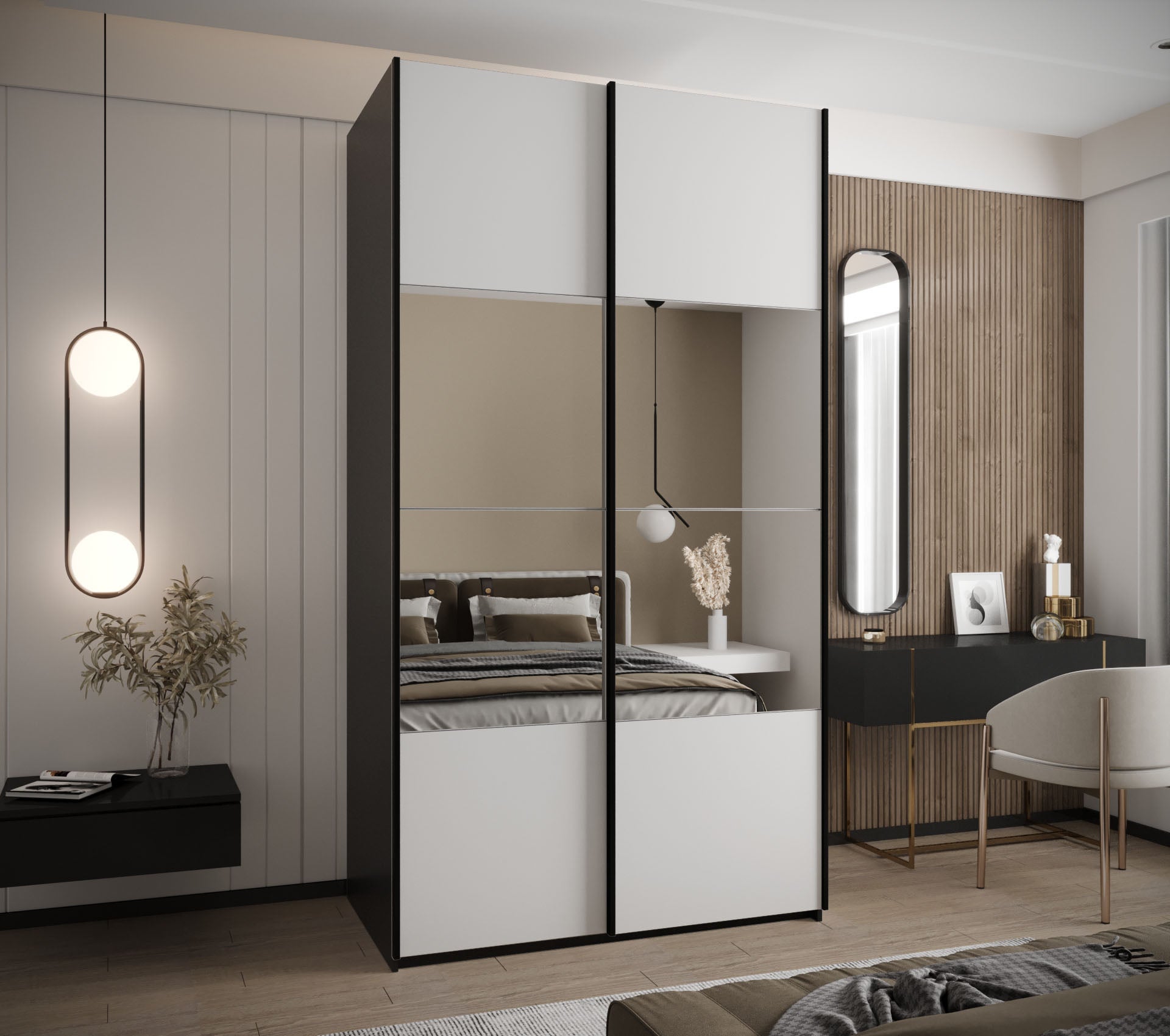 Szafa przesuwna wysoka Lux 4 130 x 64 x 245,5 cm czarny + biały + u. czarny - Abiks Meble - 2