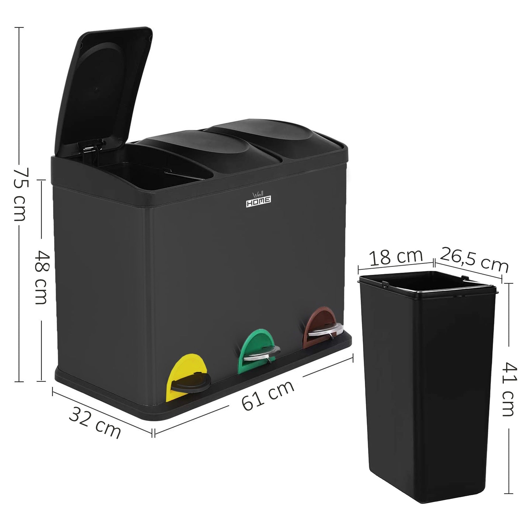 Cubo de reciclagem ecológica 45 litros de 3 compartimentos, cubos de reciclagem / reciclagem de lixo, grande capacidade, papel, vidro e plástico - 5