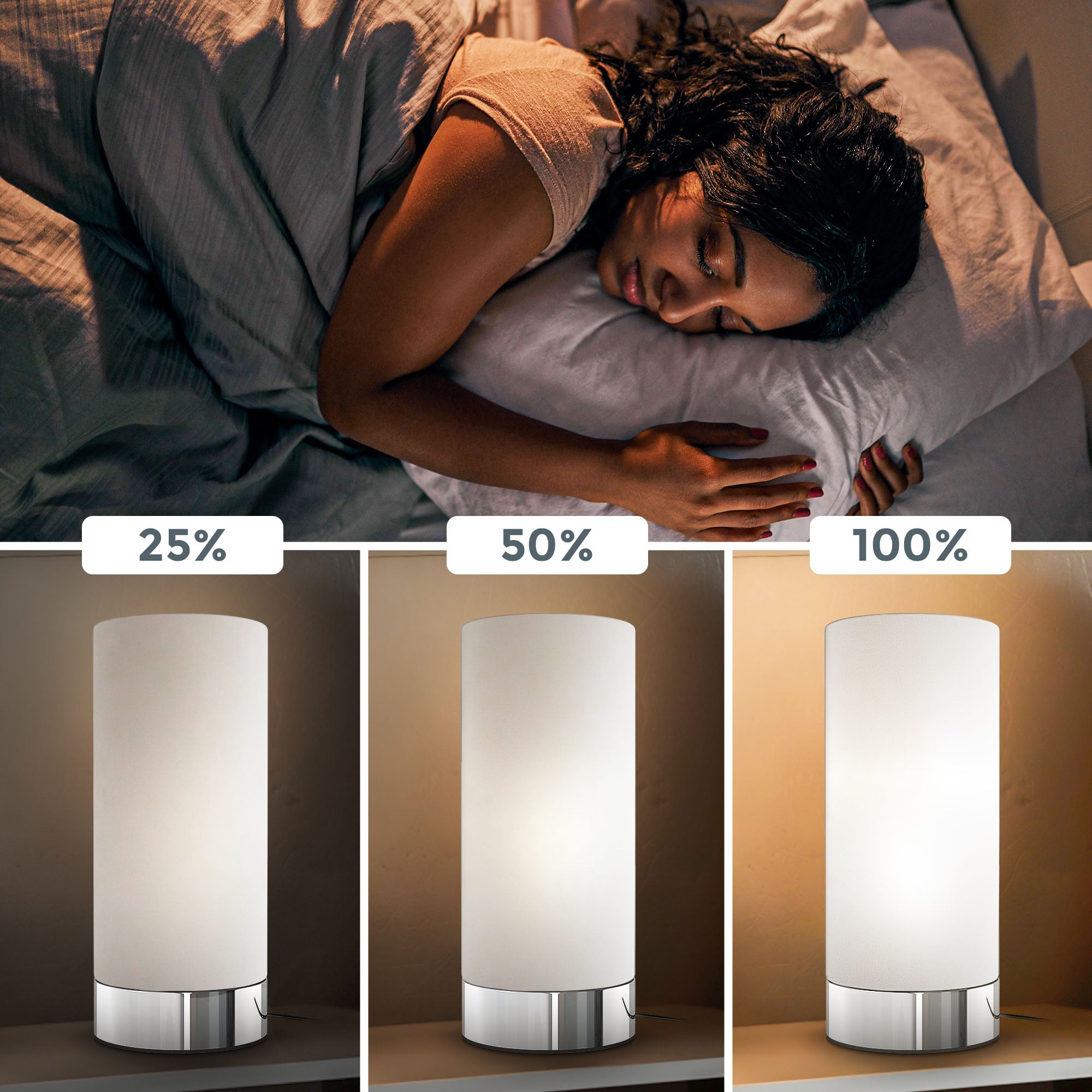 Lampe de table - lumière - Chrome et verre opale blanc - Variateur tactile - niveaux - IP20 - B.K.Licht - 3