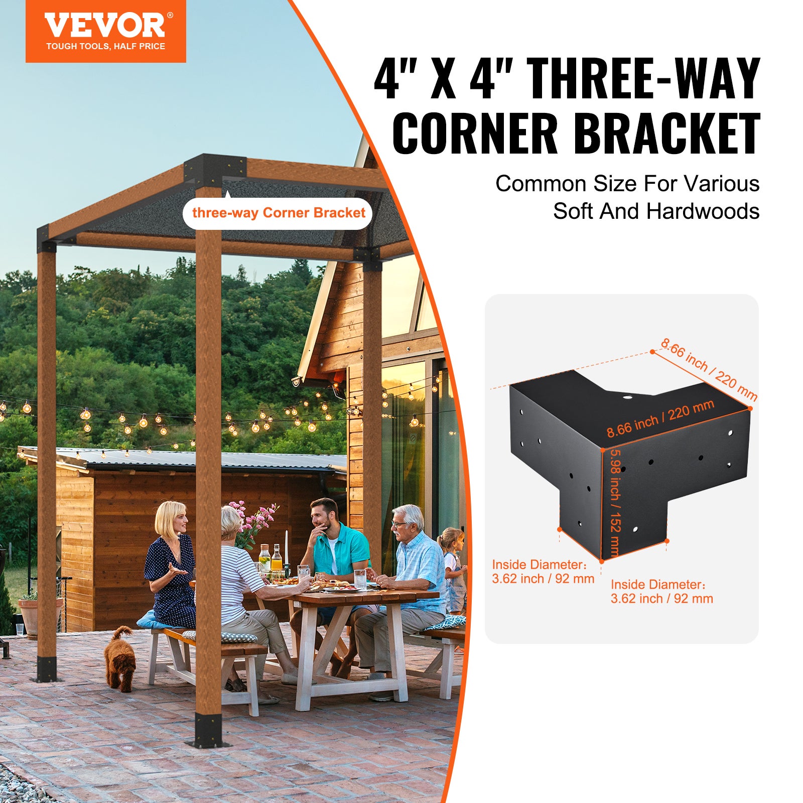 Kit Supports de Pergola VEVOR 4x4 po 10x10 cm Support de Poteau Bois de Menuiserie 4 Supports deAngle a 3 Voies Base de Poutres Quincaillerie Bricolag - 2