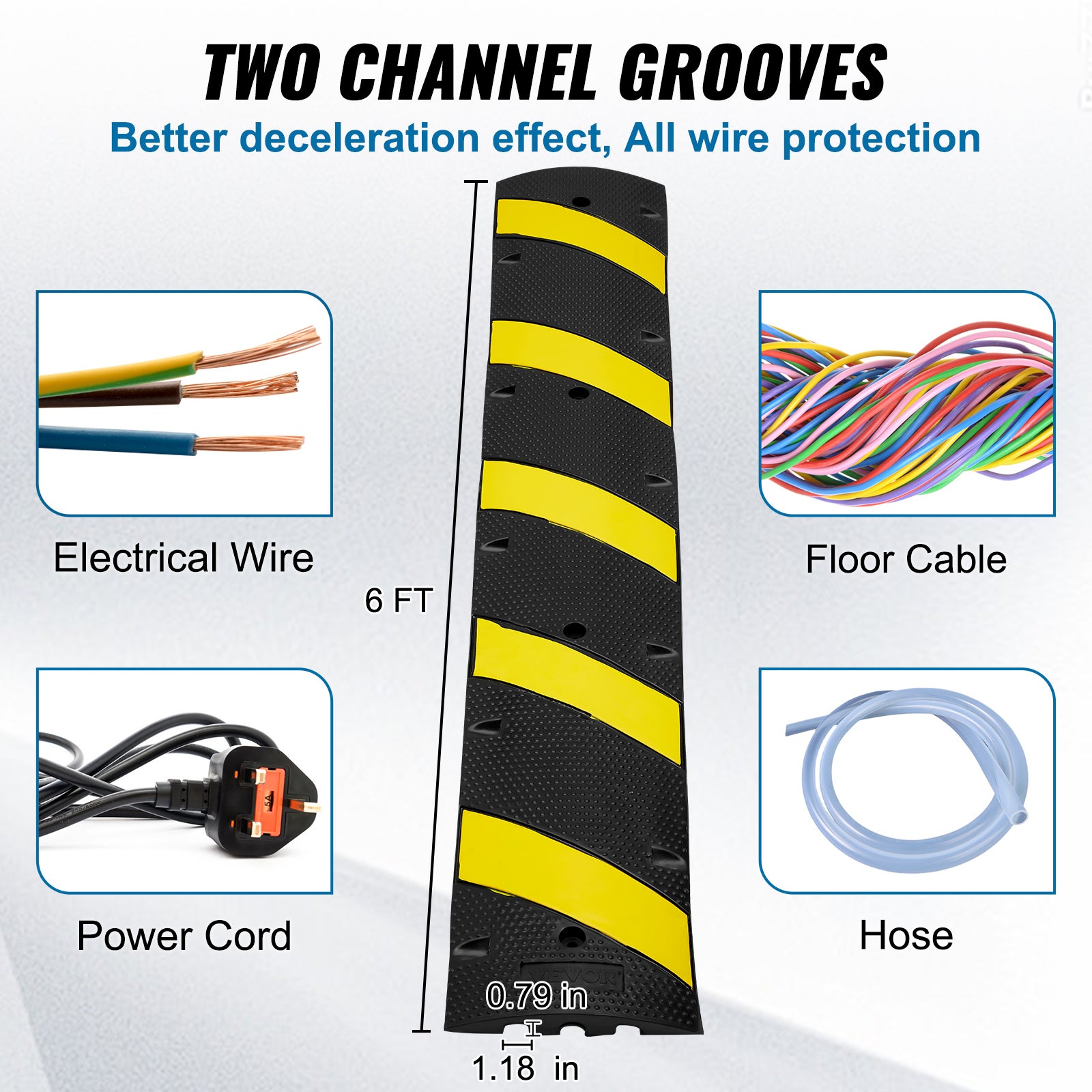 Rampe Protection Câble VEVOR Lot 2, 2 Canaux, Caoutchouc, Charge 10000 kg 8 Vis d'Expansion 1 Foret, pour Routes Parkings, 183x30x4,5 cm, Noir/Jaune - 3
