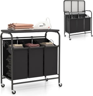 Panier à Linge 3 Compartiments En Bambou Et Tissu - Meuble Rangement Linge Sale 44x33x96cm, Gris