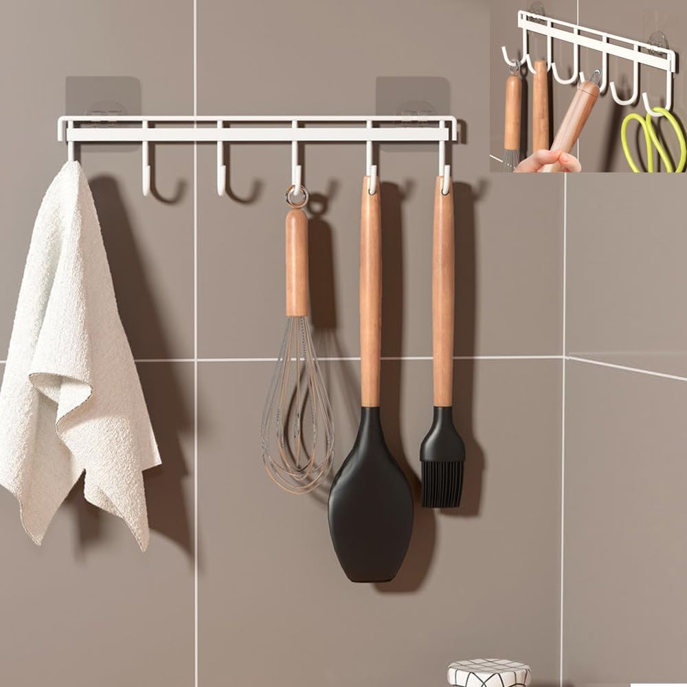 Anseom Porte-Ustensiles Cuisine 40cm Gris - 8 Crochets Amovibles Ventouse Sans Perçage