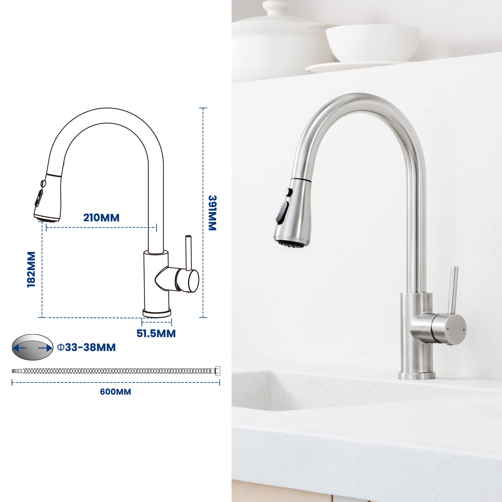 Brossé Mitigeur Evier Avec Douchette Extractible - Robinet de Cuisine à 2 Modes de Pulvérisat - Mitigeur Evier Avec Barboteur Démotable - 8