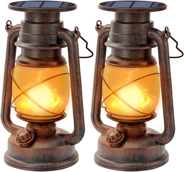2 Pièces Vintage Solaire Lanterne LED Tempête Rétro Lanterne Camping avec Effet de Flammes Lanterne LED D'extérieur Étanche Lampe Solaire pour Jardin