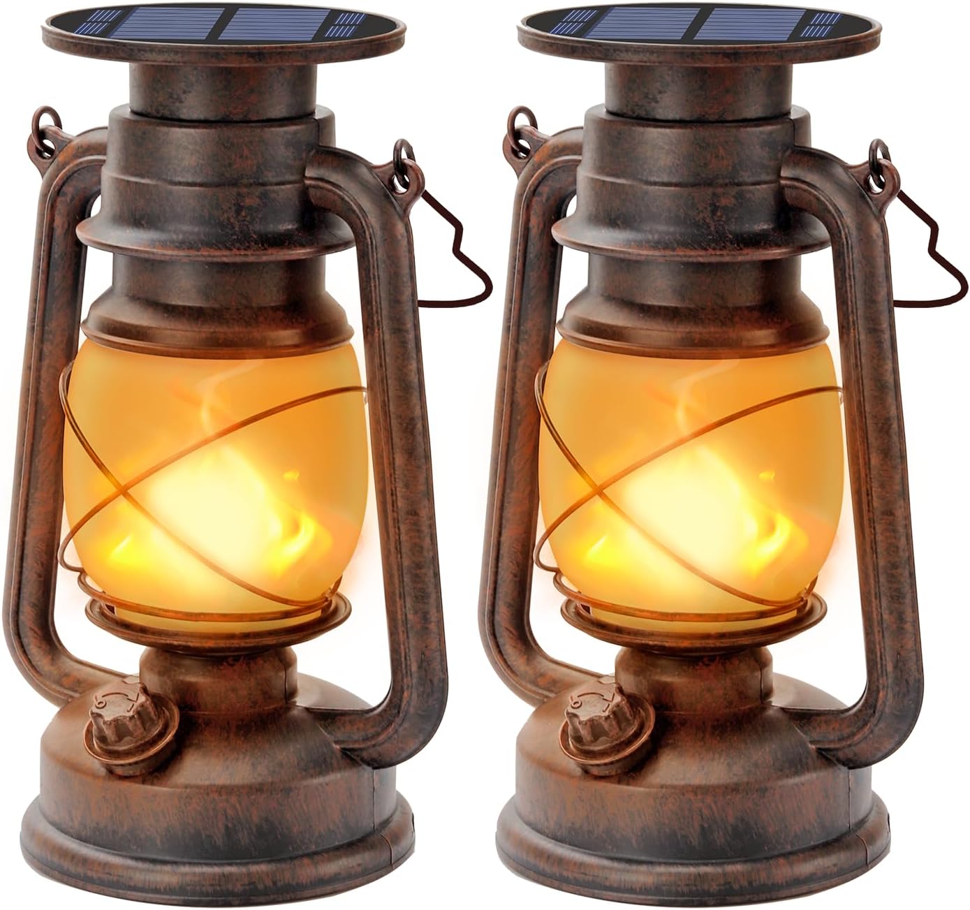 Zewnętrzna latarnia solarna, 2 sztuki Vintage Solar Storm LED Lantern Retro Camping Lantern z efektem płomienia Zewnętrzna latarnia LED biała