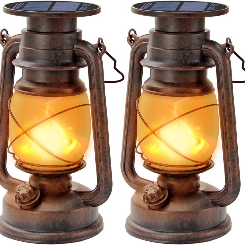 Zewnętrzna latarnia solarna, 2 sztuki Vintage Solar Storm LED Lantern Retro Camping Lantern z efektem płomienia Zewnętrzna latarnia LED biała