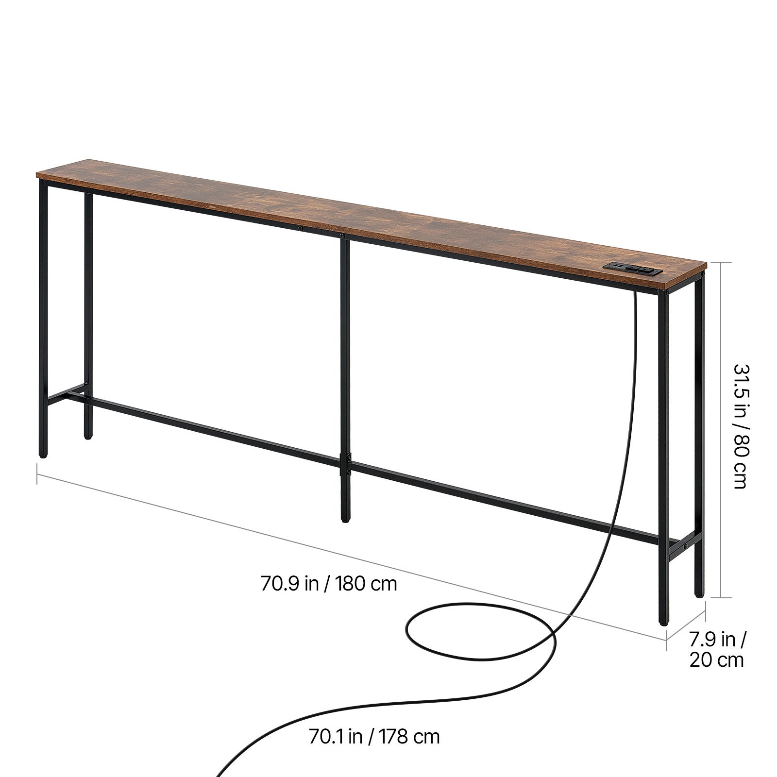 Console étroite 180 cm,SucceBuy meuble d'entrée,structure en métal,station de charge,pour couloir ou salon,finition marron et noir - 2