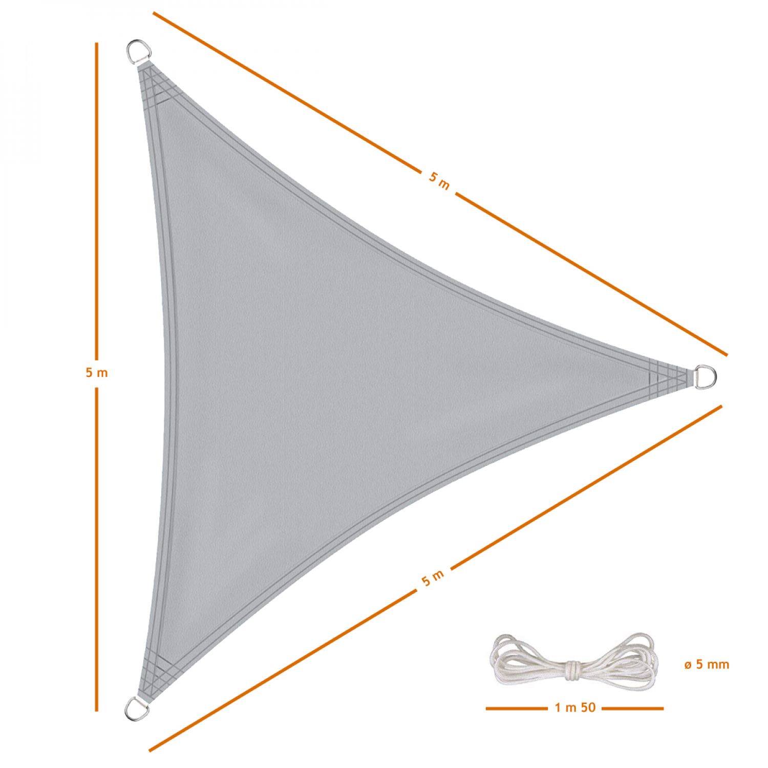 Voile d'ombrage triangulaire imperméable et anti-UV - 5 x 5 x 5 m - Gris - Linxor - 2