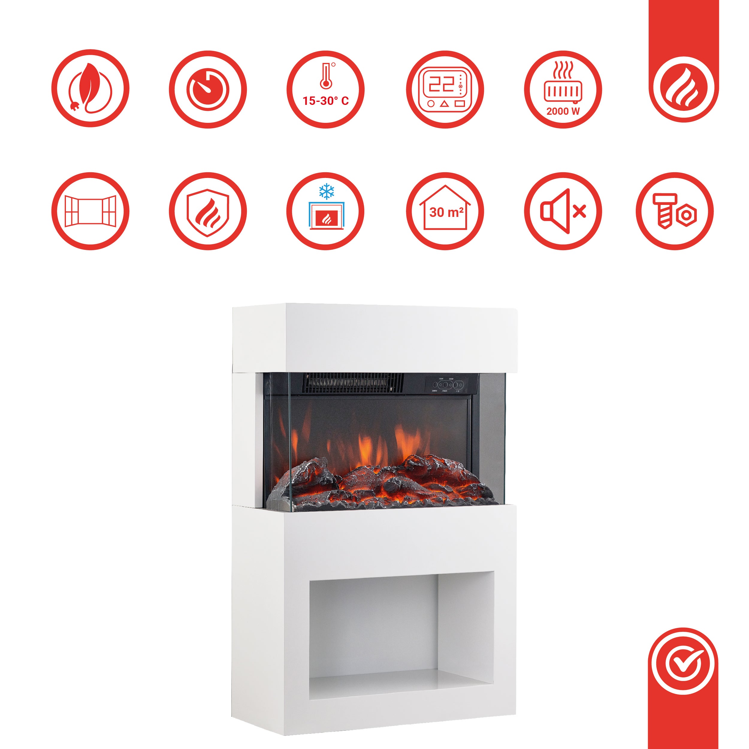 KAMINIO Cheminée Électrique HENRI - Poêle Électrique avec Chauffage, Effet de flamme 3D, Compartiment à bois, Télécommande - Blanc - 4