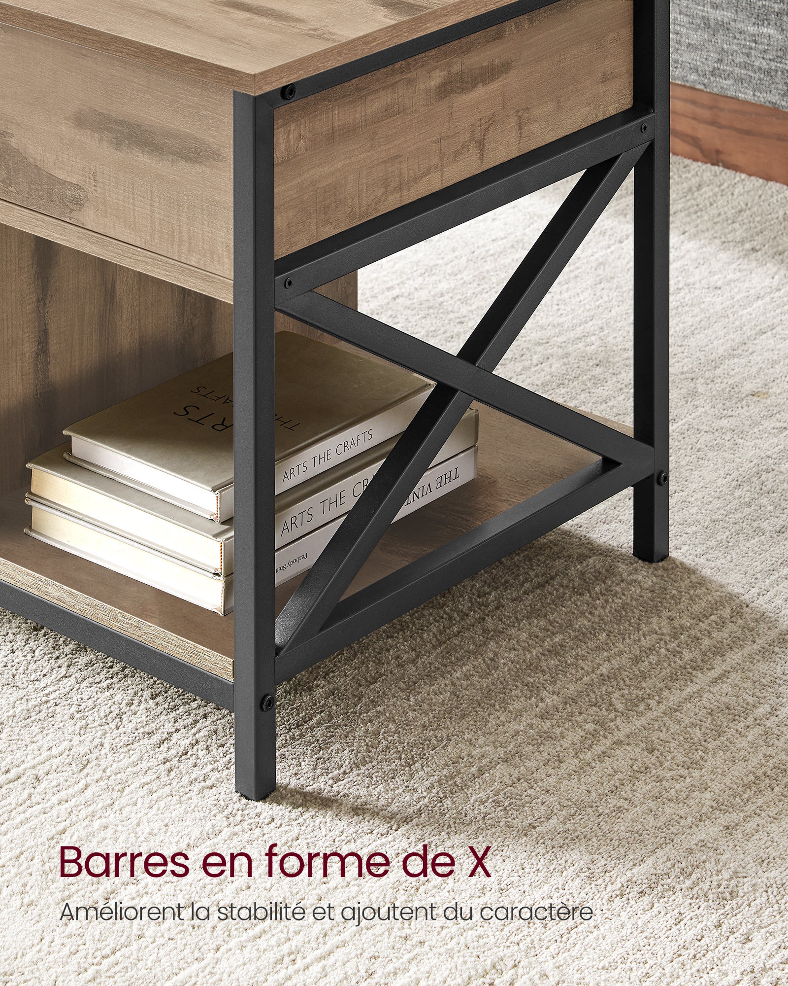 Table Basse, Relevable, Table Basse avec Rangement Caché et Compartiments Ouverts, Cadre en Acier, 50 x 100 x (46,5-62) cm, Marron Camel et Noir - 7