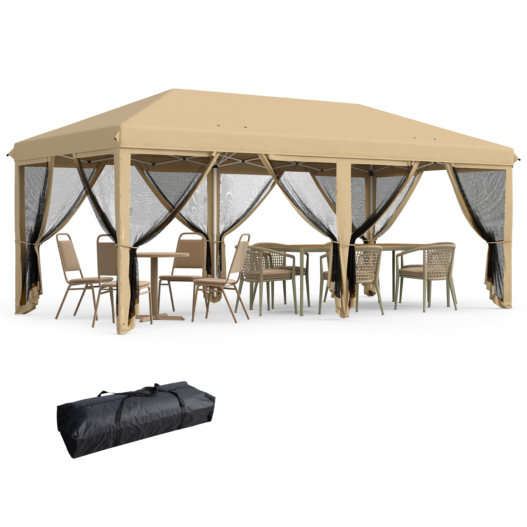 Cenador plegable de jardín de 6x3 m con mosquitera, altura regulable y bolsa de transporte, color beige.