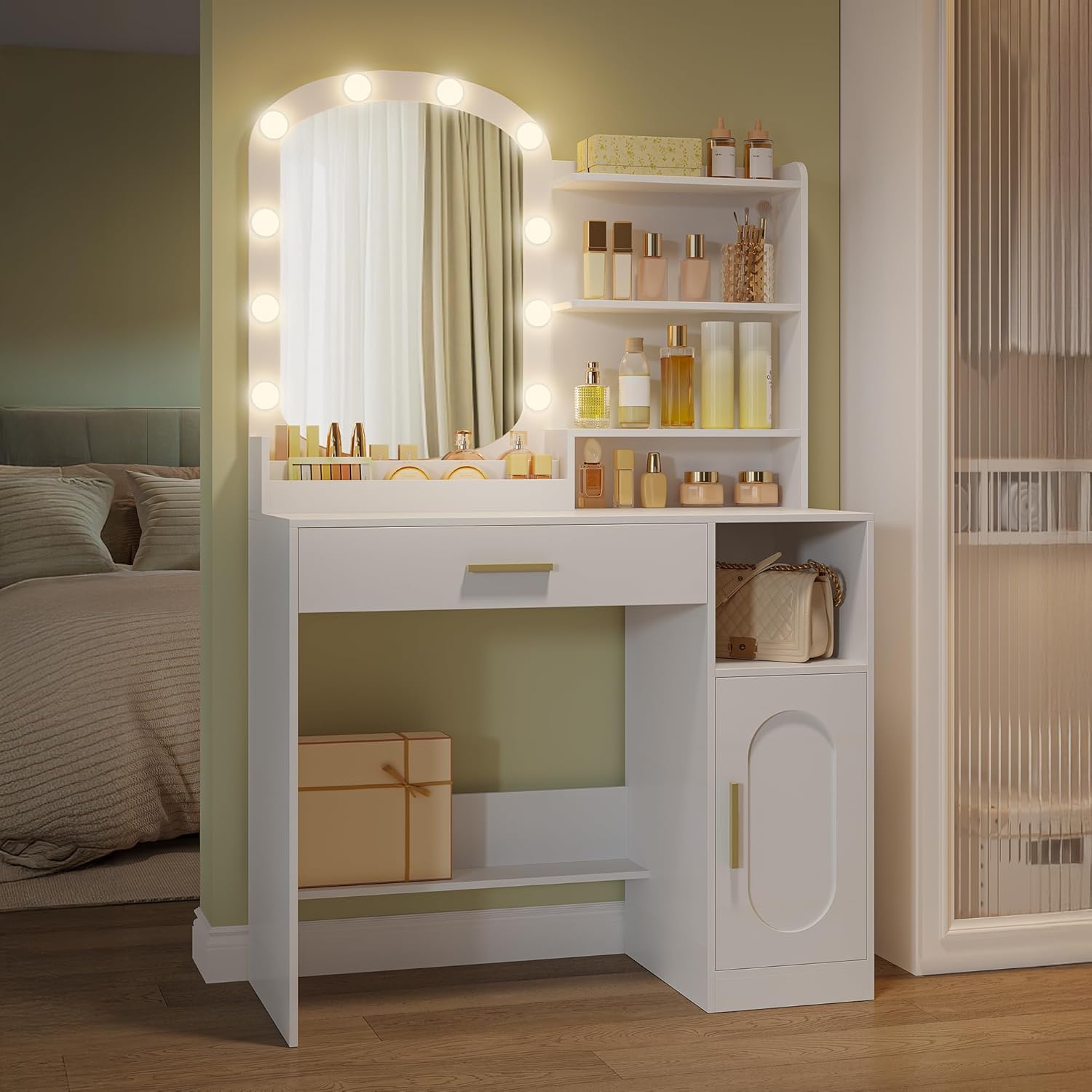 Coiffeuse avec Miroir Ovale, Coiffeuse avec Miroir LED, Luminosité Réglable, Table de Maquillage avec Tiroir, Armoire et Étagères Ouverts, Blanc - 3