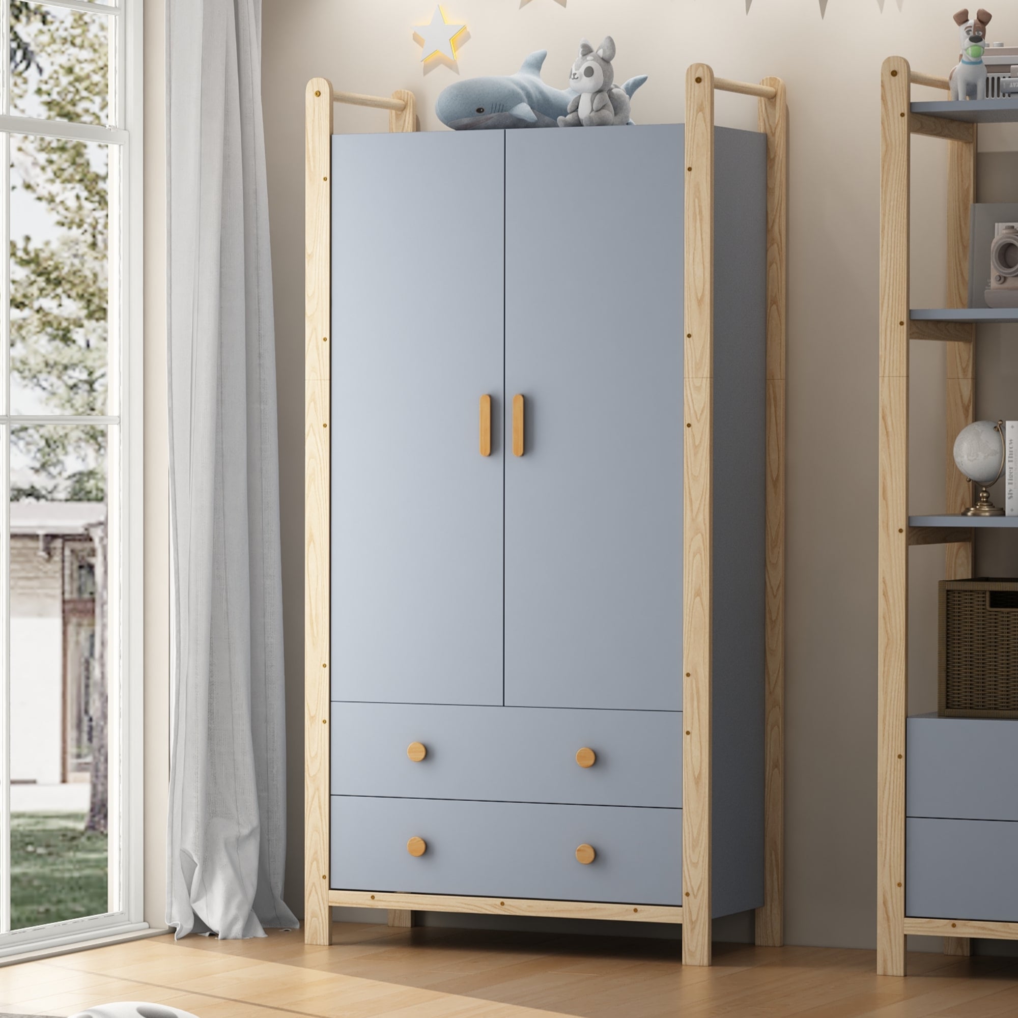 Armoire haut avec 2 portes et 2 tiroirs - 90 x 45 x 180 cm - Bois massif + MDF - Bleu et naturel - 3