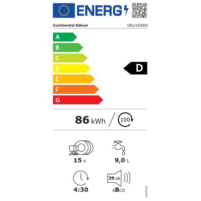 Lave-vaisselle pose libre CONTINENTAL EDISON - 15 couverts - Largeur 59,8 cm - Classe D - moteur induction - 39 dB - Silver - 7
