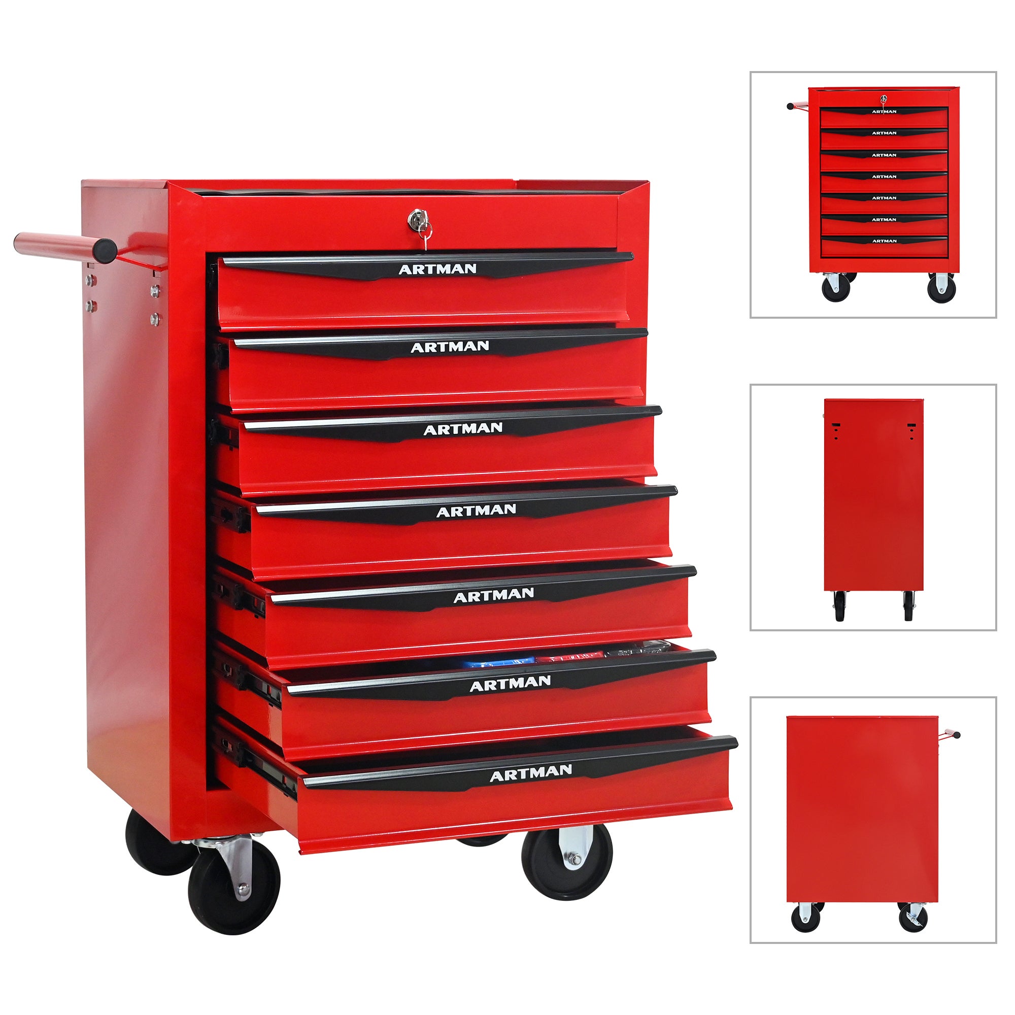 Coffre à outils roulant en métal à 7 tiroirs, armoire à outils pliable en 7 parties avec glissières à billes, organisateur d'outils en acier - 4