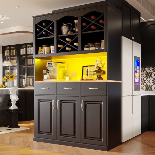 Meuble de cuisine LED 120x40x180 cm, buffet de rangement avec trois portes, 3 tiroirs et 3 porte, pour salon/cuisine, noir - 2