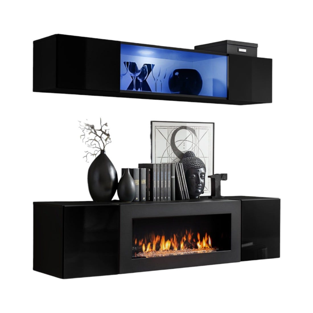 Mobili sospesi con camino decorativo FLY N3 - Nero - Mobile TV sospeso ...