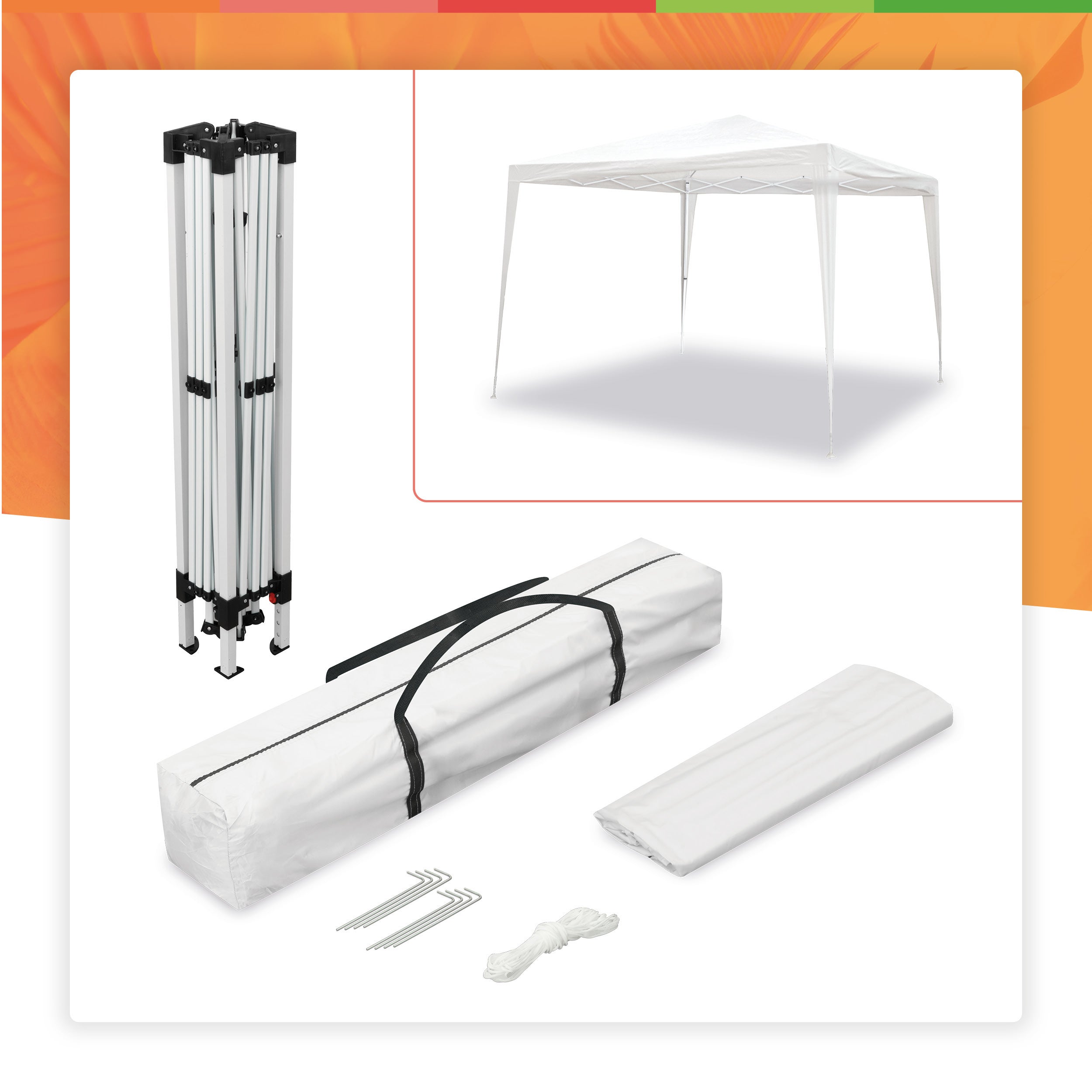 Carpa Plegable 3x3 m Blanca – Incluye Vientos y Piquetas de Fijación - Lona Rafia 100 gr/m2 - 4
