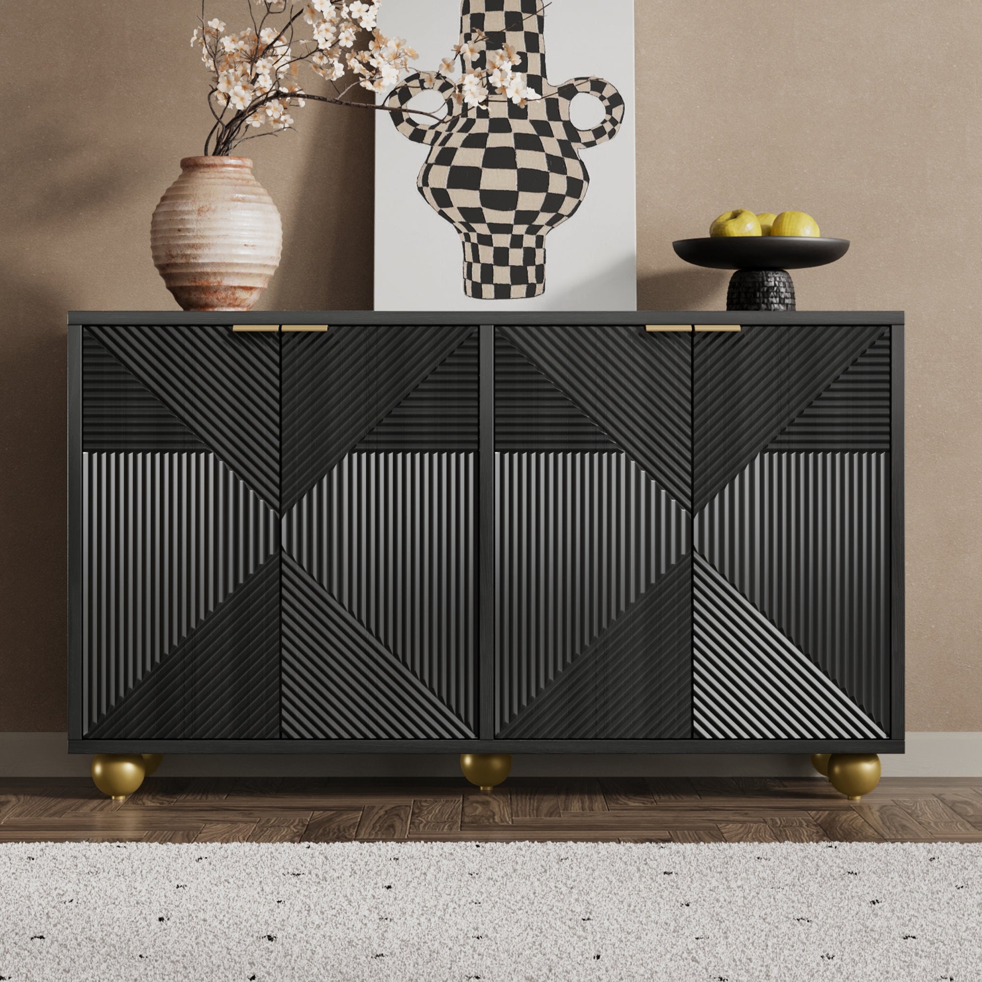 Kredens 120 x 35 x 71,5 cm - Z 4 drzwiami - Regulowane półki - Metalowe uchwyty i kuliste nóżki - Płyta MDF - Czarny