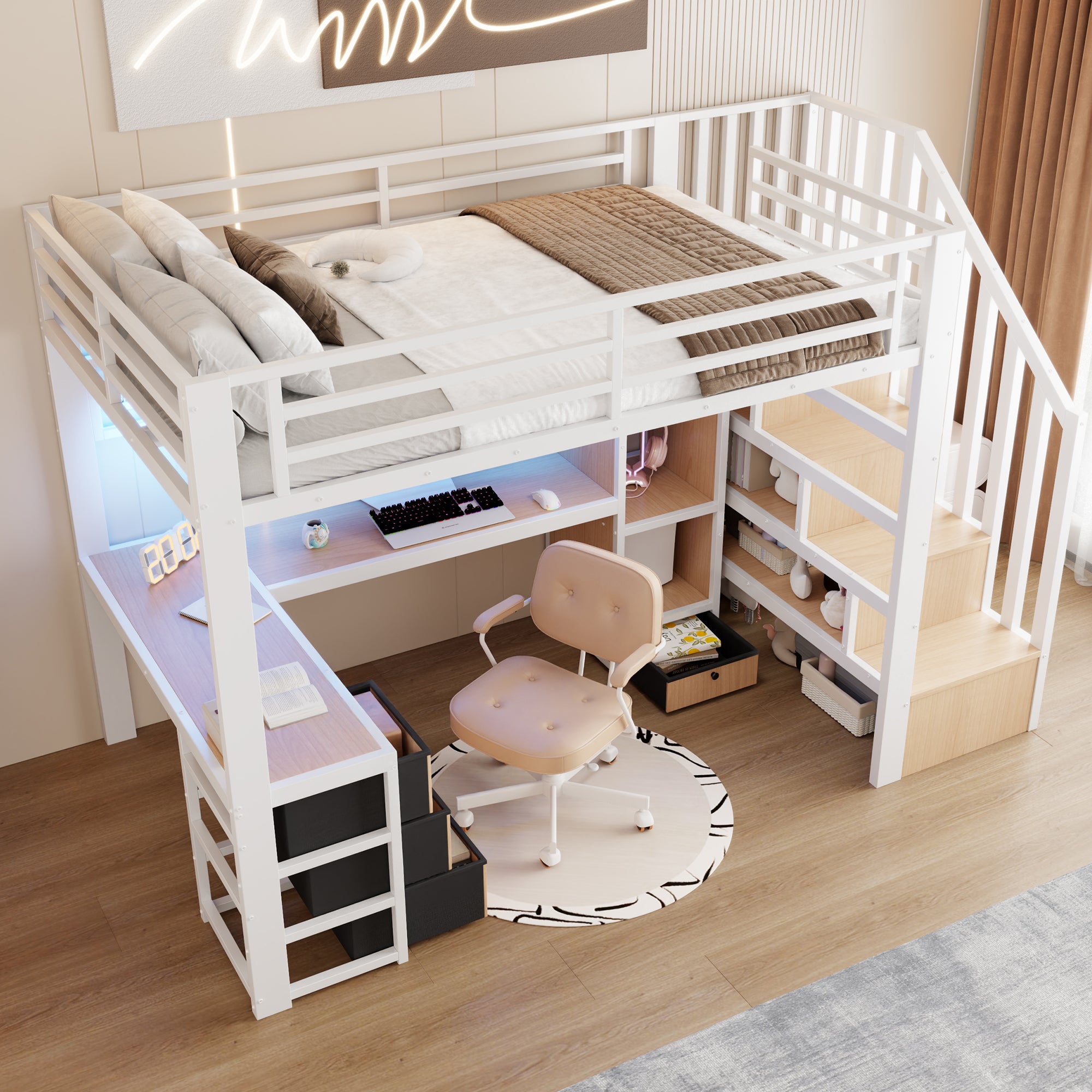 Lit mezzanine 90 x 200 cm avec bureau intégré, Lit simple structure en fer avec penderie LED, 4 tiroirs et escalier de rangement, sans matelas, Blanc - 3