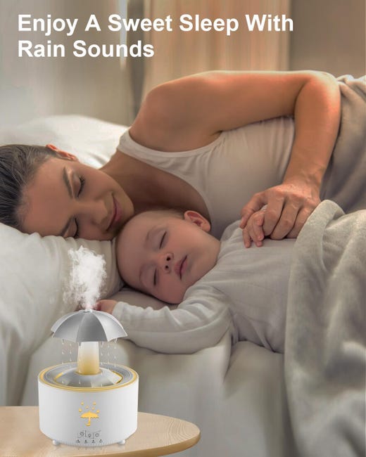 Humidificador y difusor de aroma con forma de paraguas con sonido de lluvia,efecto gota de agua,luz LED de 7colores,temporizador y apagado automático. - 4