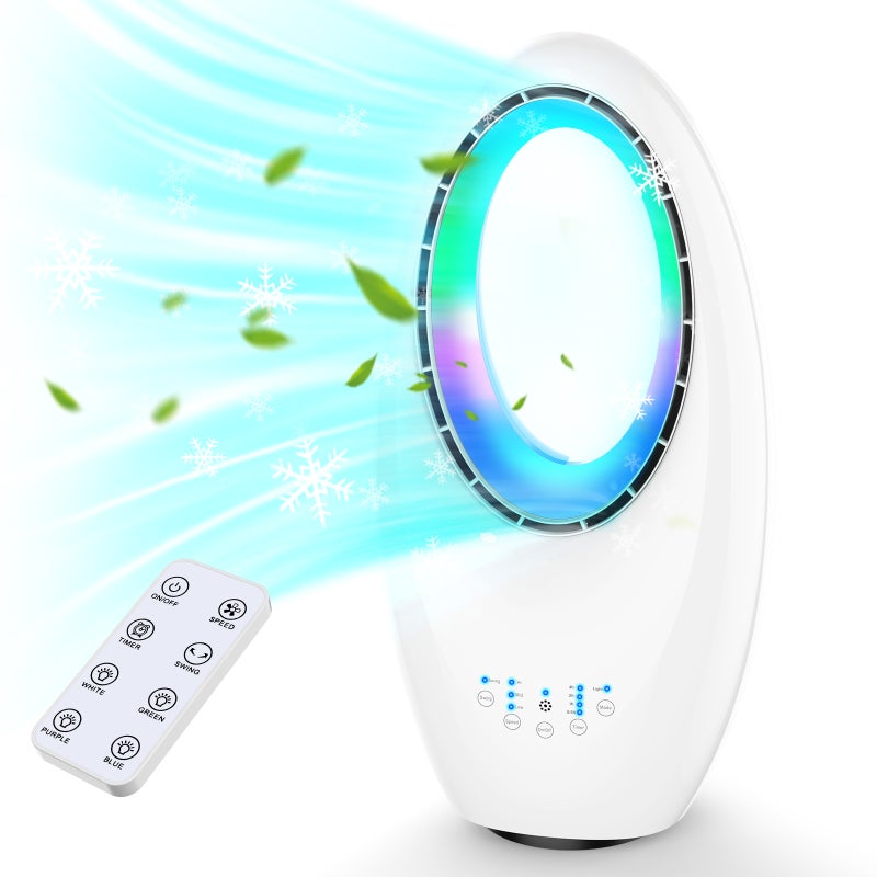 Cichy wentylator bezłopatkowy z ekranem dotykowym i pilotem, oscylacja 60°, 3 prędkości, timer 7,5h, oświetlenie LED otoczenia, 60W