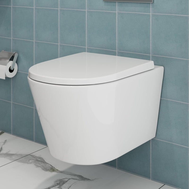 Toaleta wisząca bezramowa, toaleta wisząca (z siedziskiem), toaleta jednootworowa, mocne spłukiwanie, powłoka nano