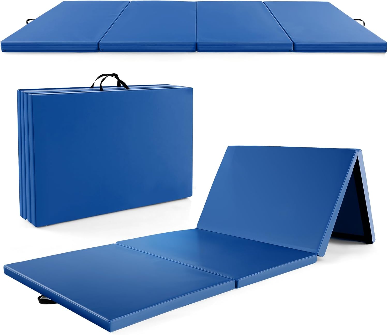 Składana Mata Gimnastyczna z 4 Fałdami, 300 x 117 x 5 cm, Skórzana Mata Gimnastyczna z Zapięciem na Klamrę, Możliwość Łączenia za Pomocą Haczyka