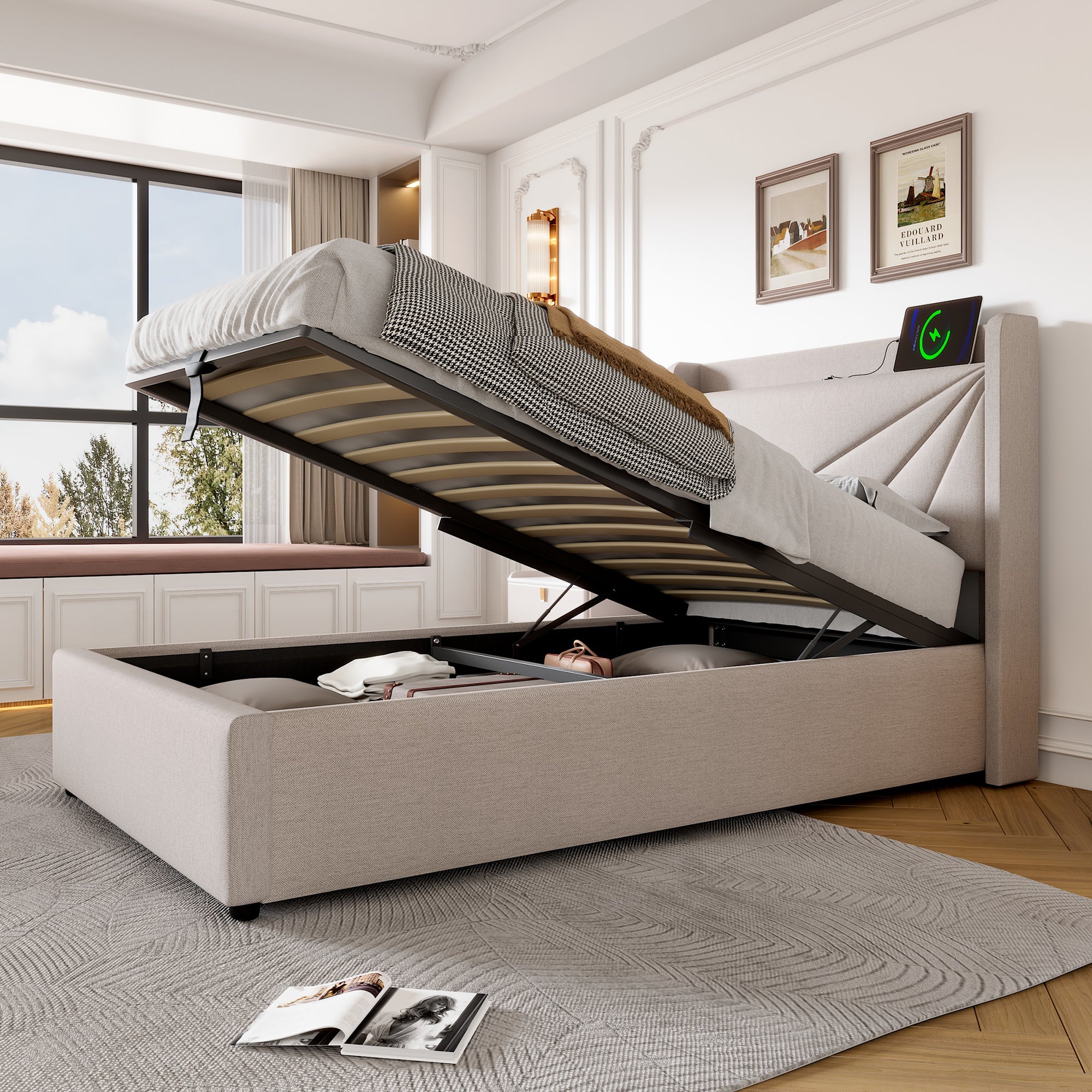 Łóżko 90x200cm z tkaniny lnianej - z portem USB i stelażem na listwy - Beżowe - 2