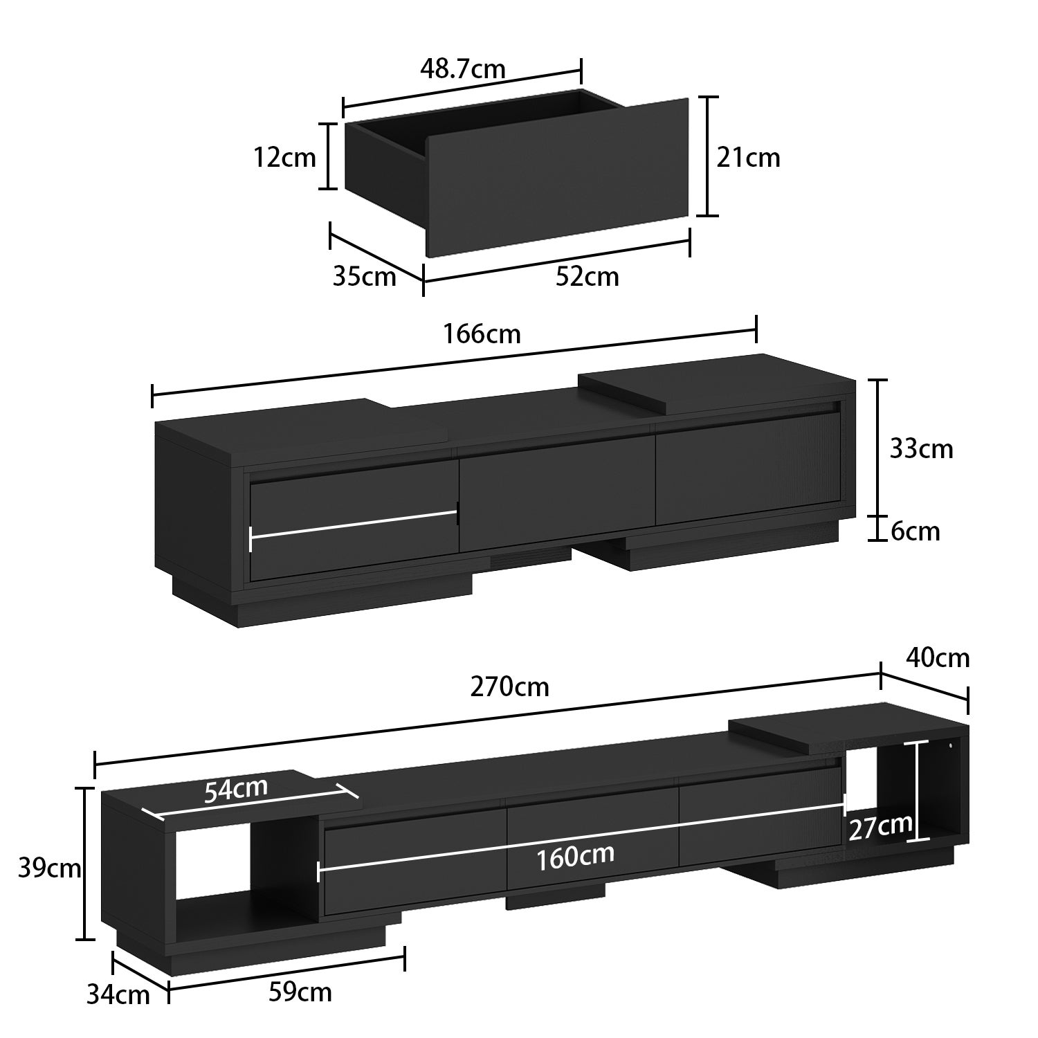 Meuble TV extensible 166-270 cm avec 3 tiroirs et 2 compartiments pour salon, noir - 2