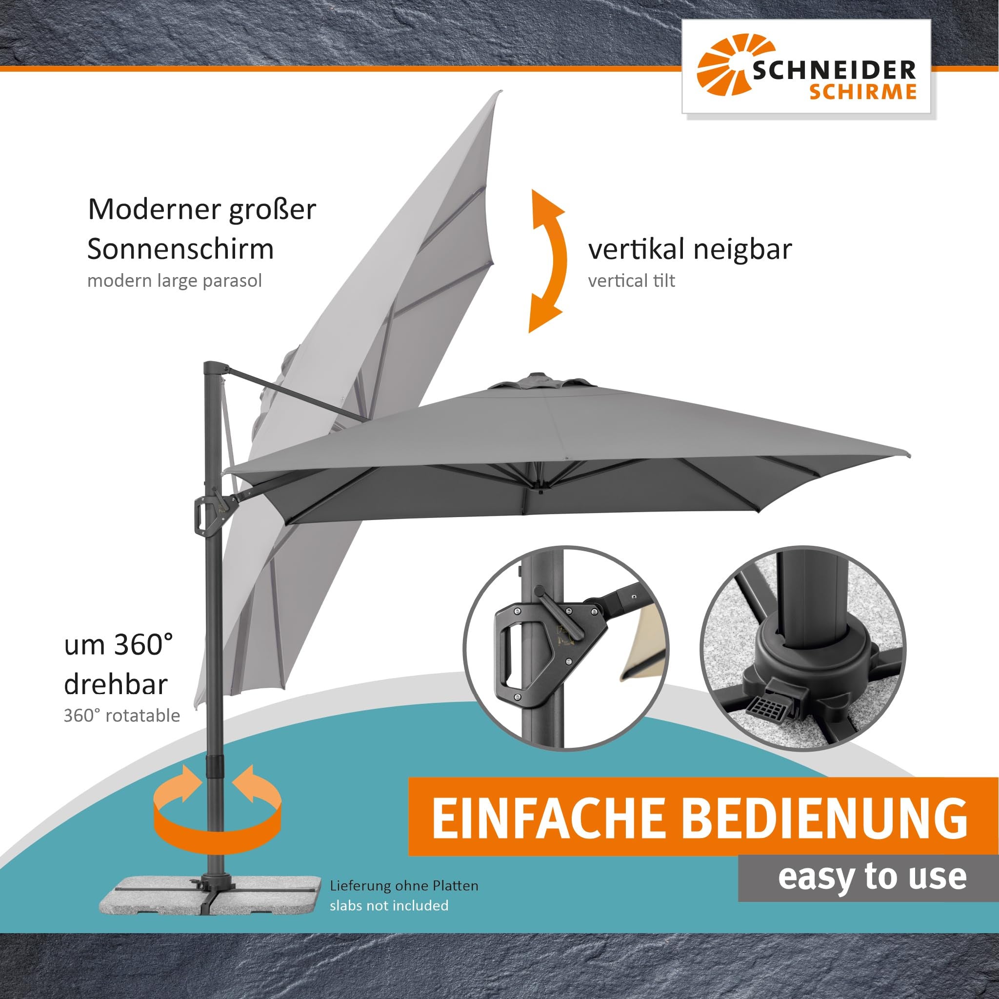 Parasol déporté Schneider Tavo anthracite, 400 x 300 cm – rotatif 360°, inclinable, avec housse et support pour dalles - 4