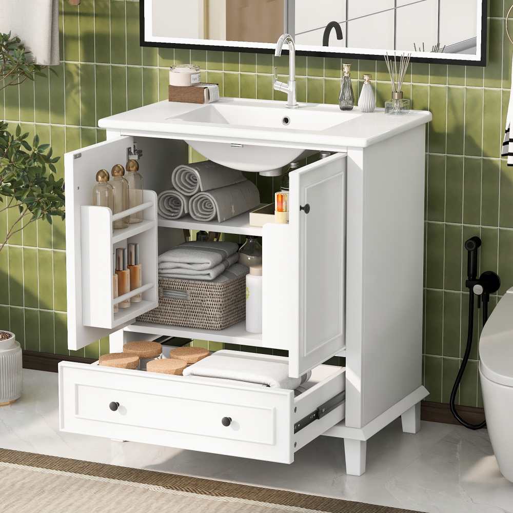Mueble de baño 73x46x87cm, patas de madera maciza + mdf, resistente al agua, gran espacio de almacenamiento, lavabo de cerámica integrado