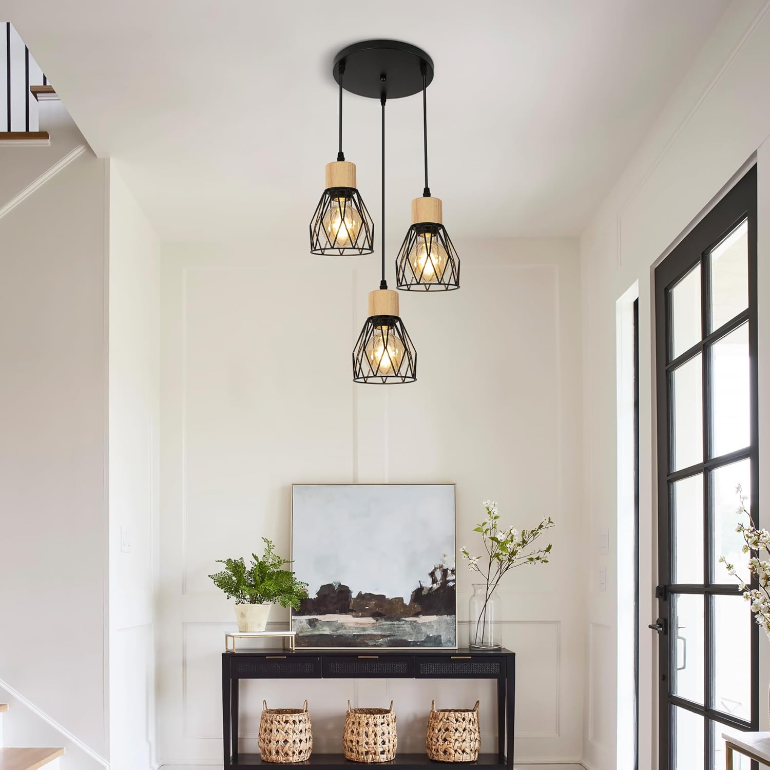 GOECO Suspension en Forme de Diamant avec Trois Abat-jours , Câble Ajustable 1m, Base E27(sans Ampoule) - 4