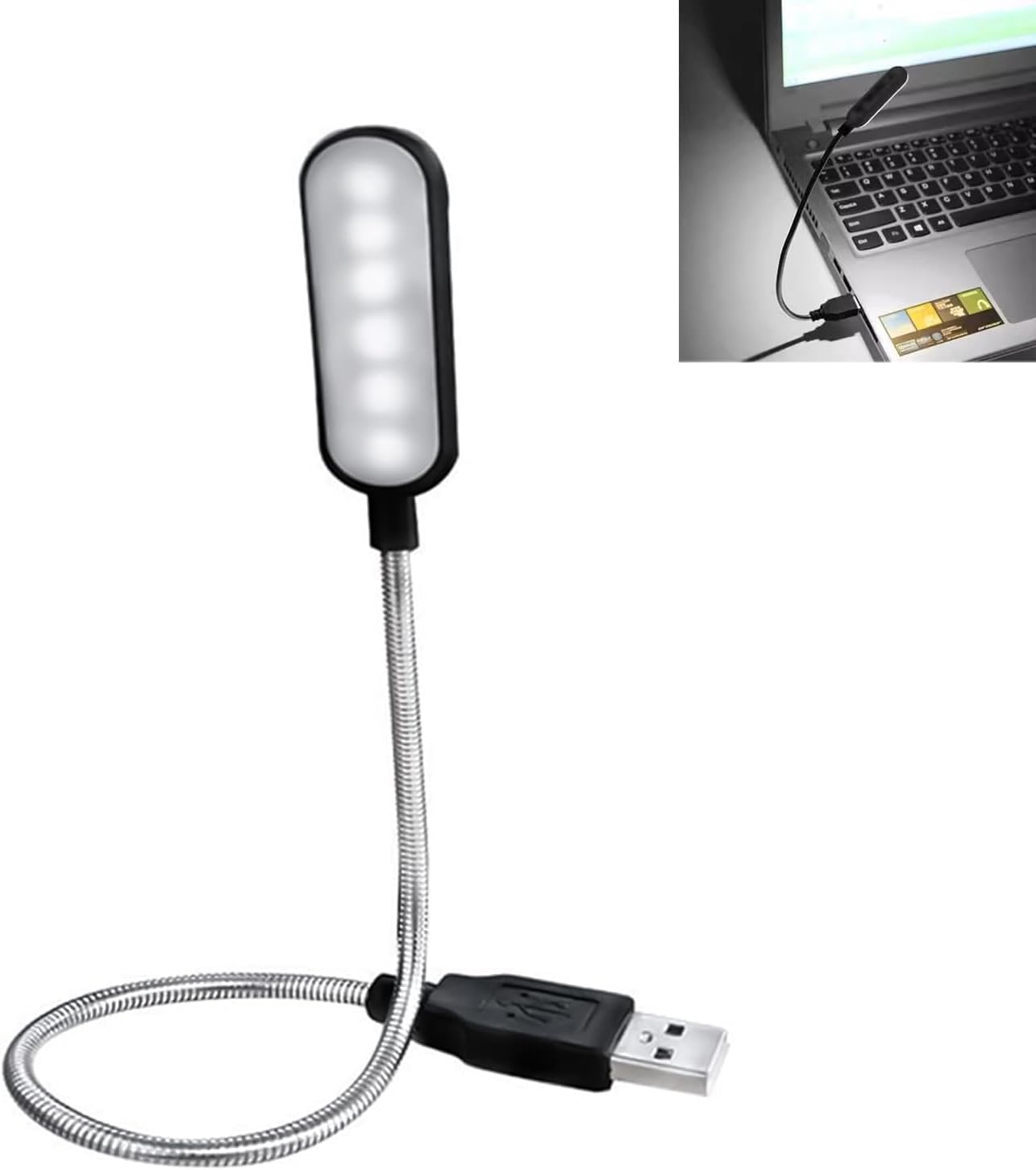 Miniaturowa lampa USB do laptopa/komputera z 6 diodami LED, ściemnialna, z regulowanym w zakresie 360° ramieniem typu „gęsia szyja”, do biura, czytani