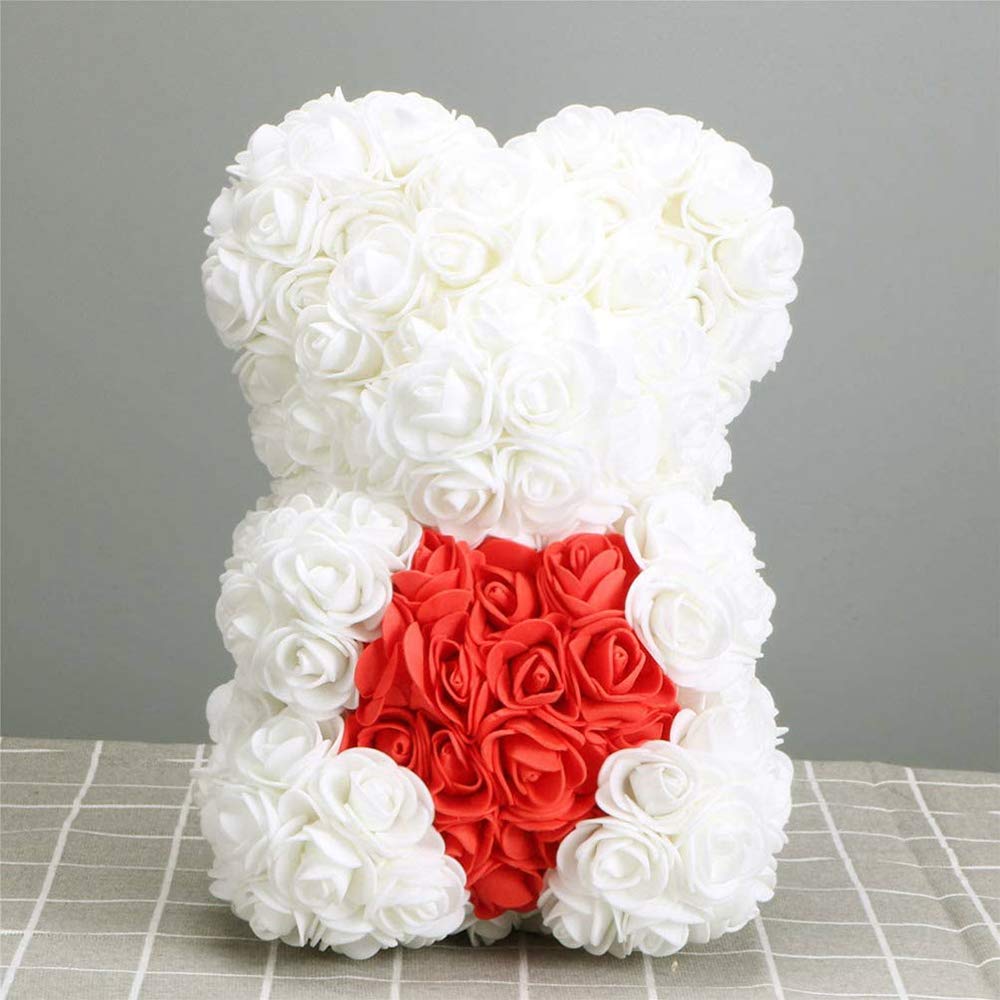 Ours en Roses Blanc avec Cœur Rouge, Ours de Fleurs LED 25cm, Cadeau Romantique pour Elle, Anniversaire, Fiançailles, avec Boîte & Carte, Fait Main - 5
