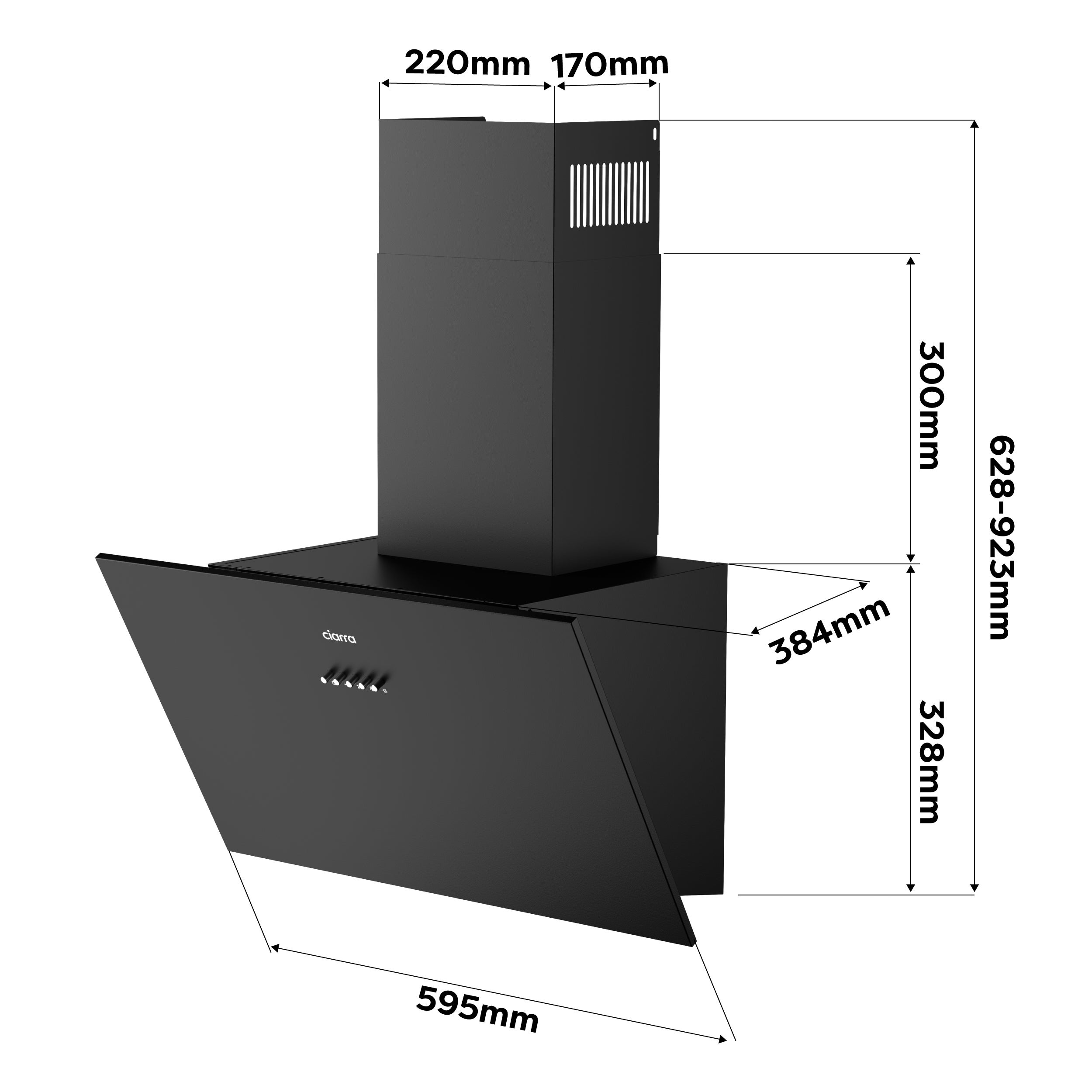 CIARRA Hotte Aspirante Inclinée 60cm 650m3/h Classe A+++ 3 Vitesses Evacuation ou Recyclage Filtre à charbon inclus Noir CD6762AB - 8