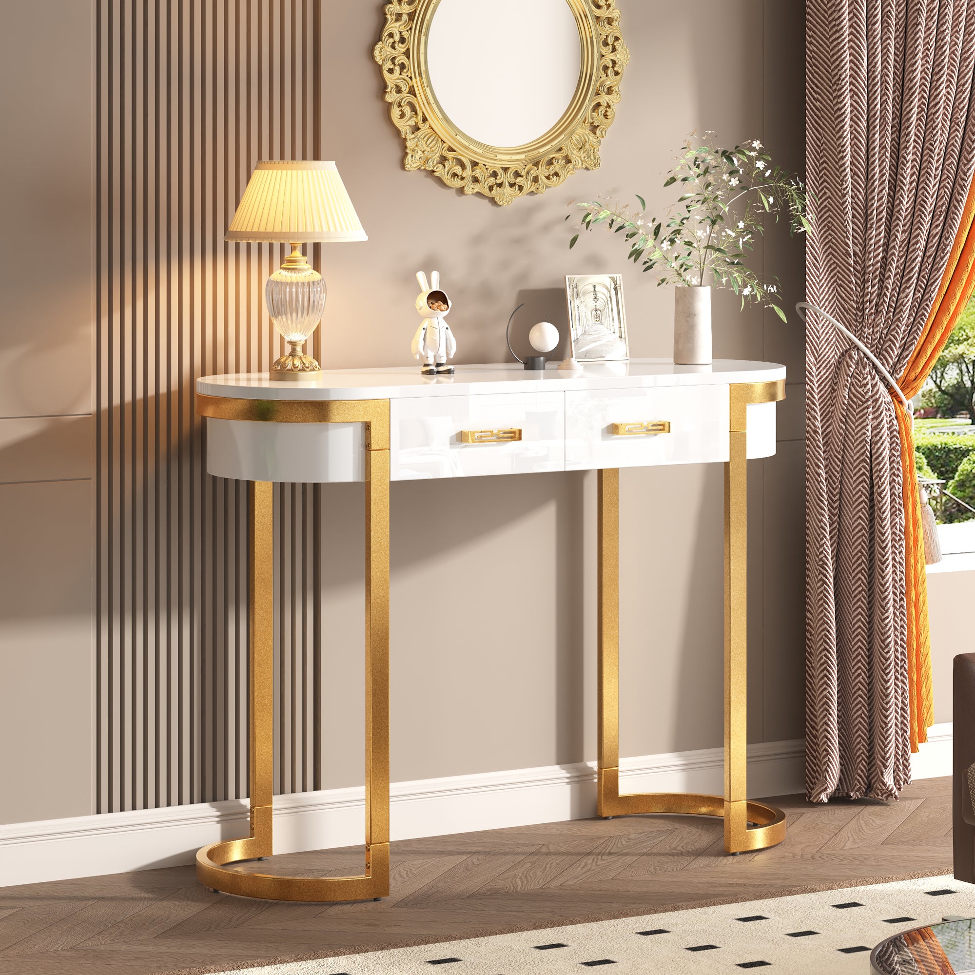 Merax Table Console Élégante Blanc Et Doré - Meuble Couloir Avec 2 Tiroirs, Cadre Métal Et Pieds Réglables