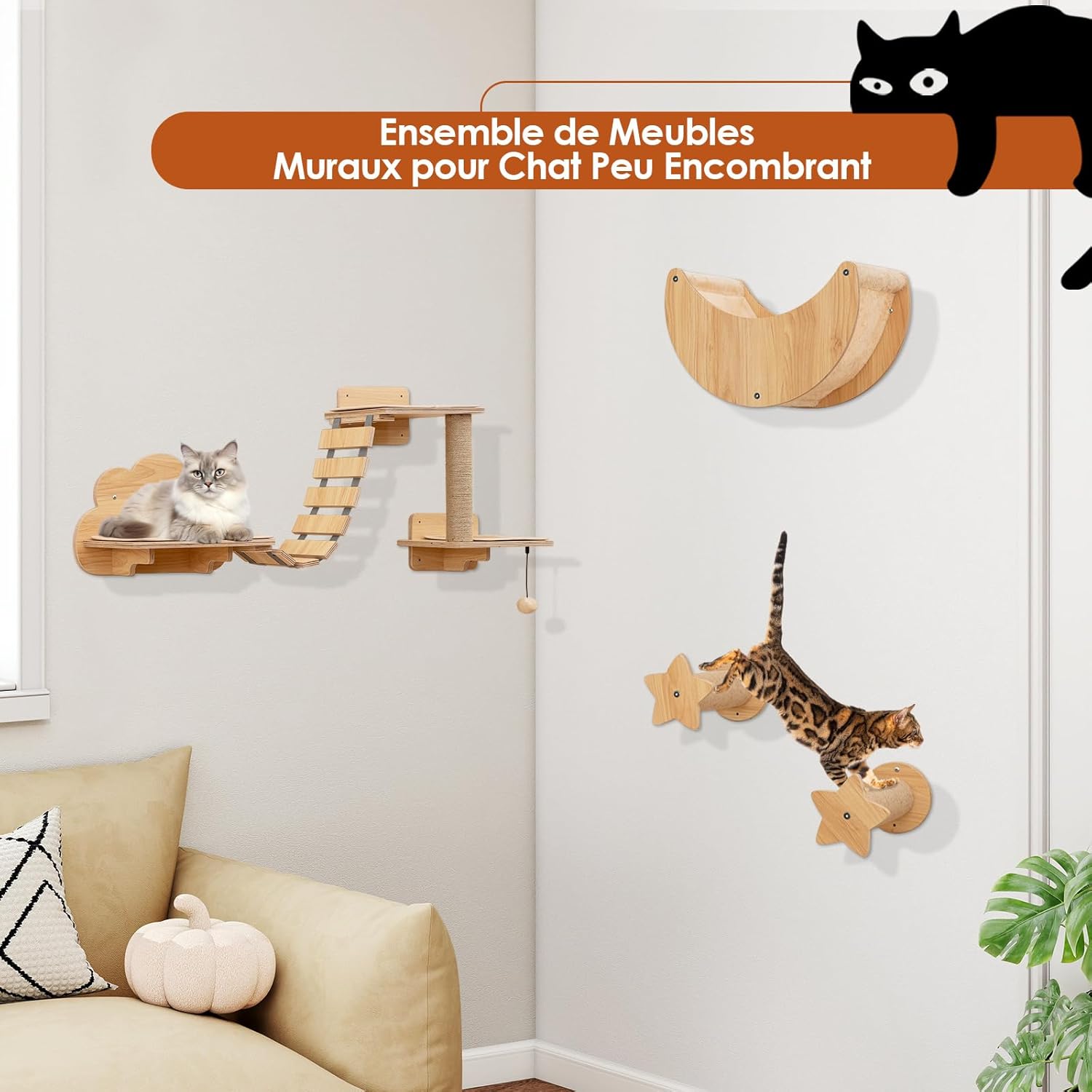 Arbre à Chat Mural en Bois, 6 Pcs Parcours Chat, Hamac en Forme de Lune, Pont, Tour pour Chaton à 2 Niveaux, Plateforme, 2 Marches - 4