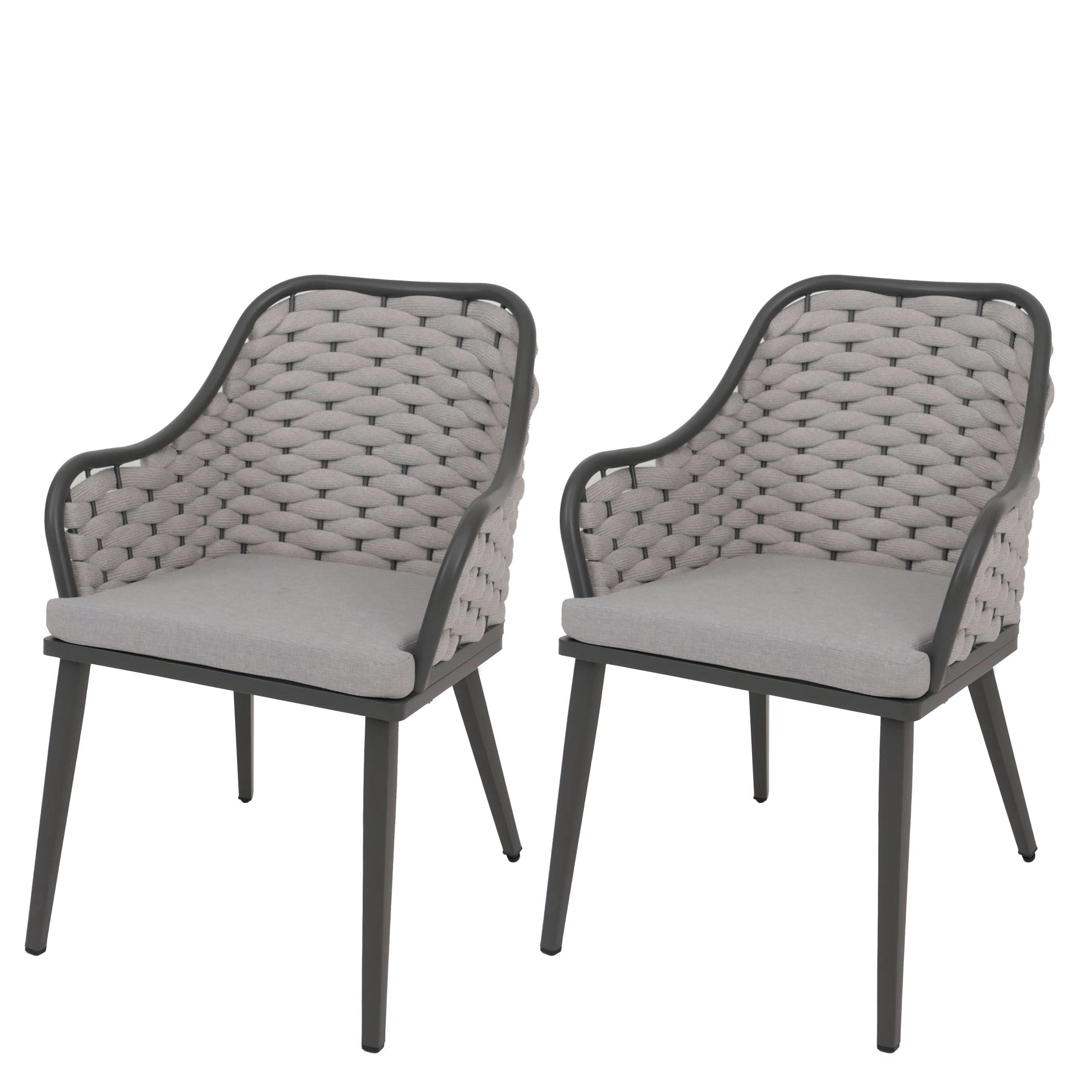 Zestaw 2 aluminiowych krzeseł ogrodowych HWC-O16, krzesło zewnętrzne, splot linowy Olefin (200 g/m²) Lina ~ jasnoszary Poduszka jasnoszary