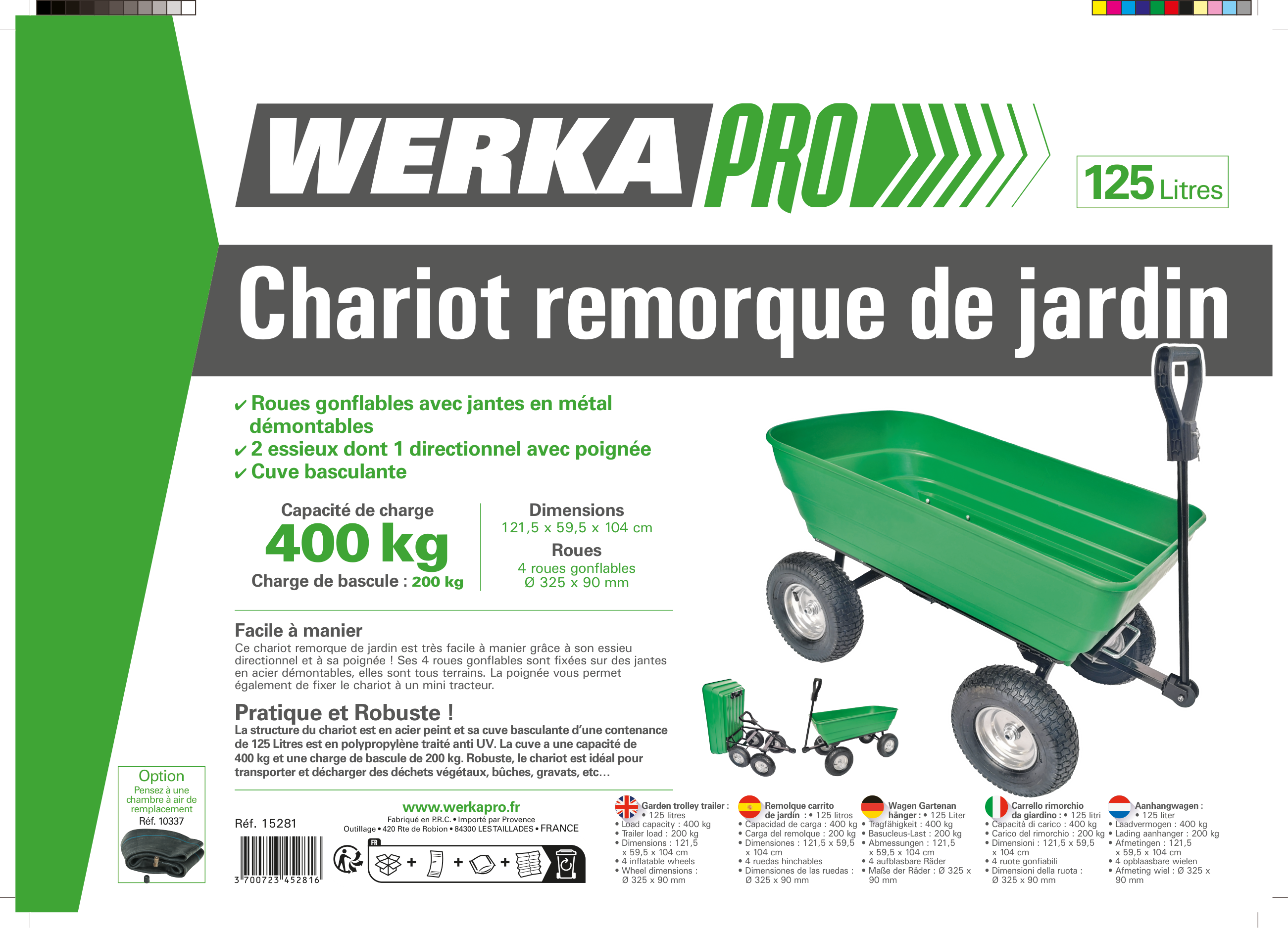 Remorque de jardin WERKA PRO 125 L avec 4 roues gonflables et attelage mini tracteur - 5