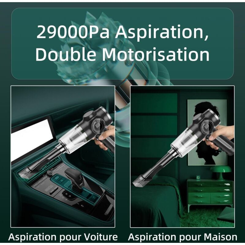 Aspirateur de voiture 29000Pa 120W - Aspirateur à main rechargeable puissant avec écran LCD et batterie longue durée - 2