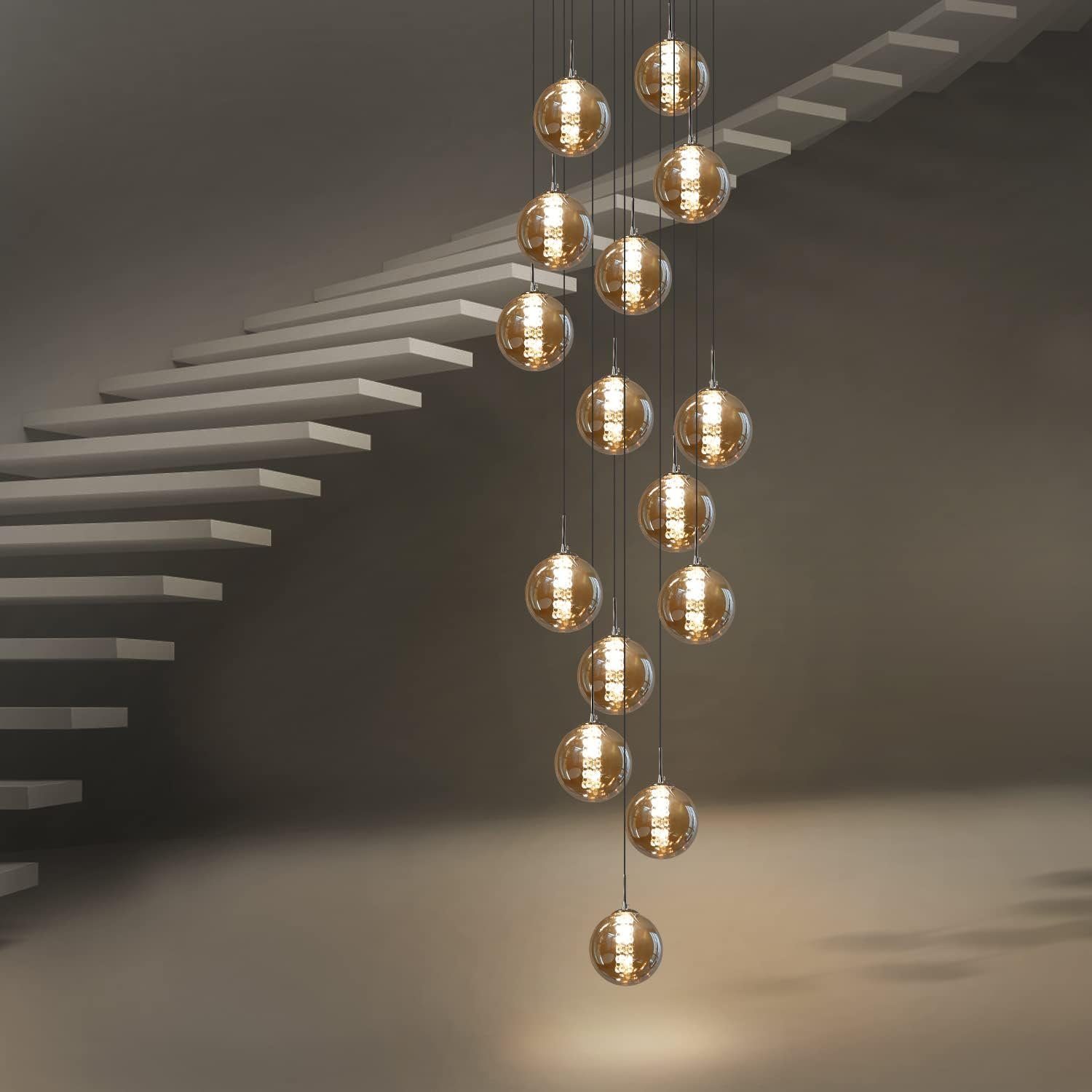 NETTLIFE Nowoczesny Żyrandol Bursztynowy 15 Szklanych Kul, Lampa Wisząca Loft, Regulowana 3.2m, Płyta Ø41cm, do Salonu